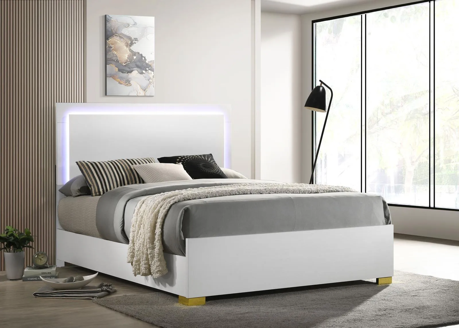 Marceline White Queen Bed with LED Headboard