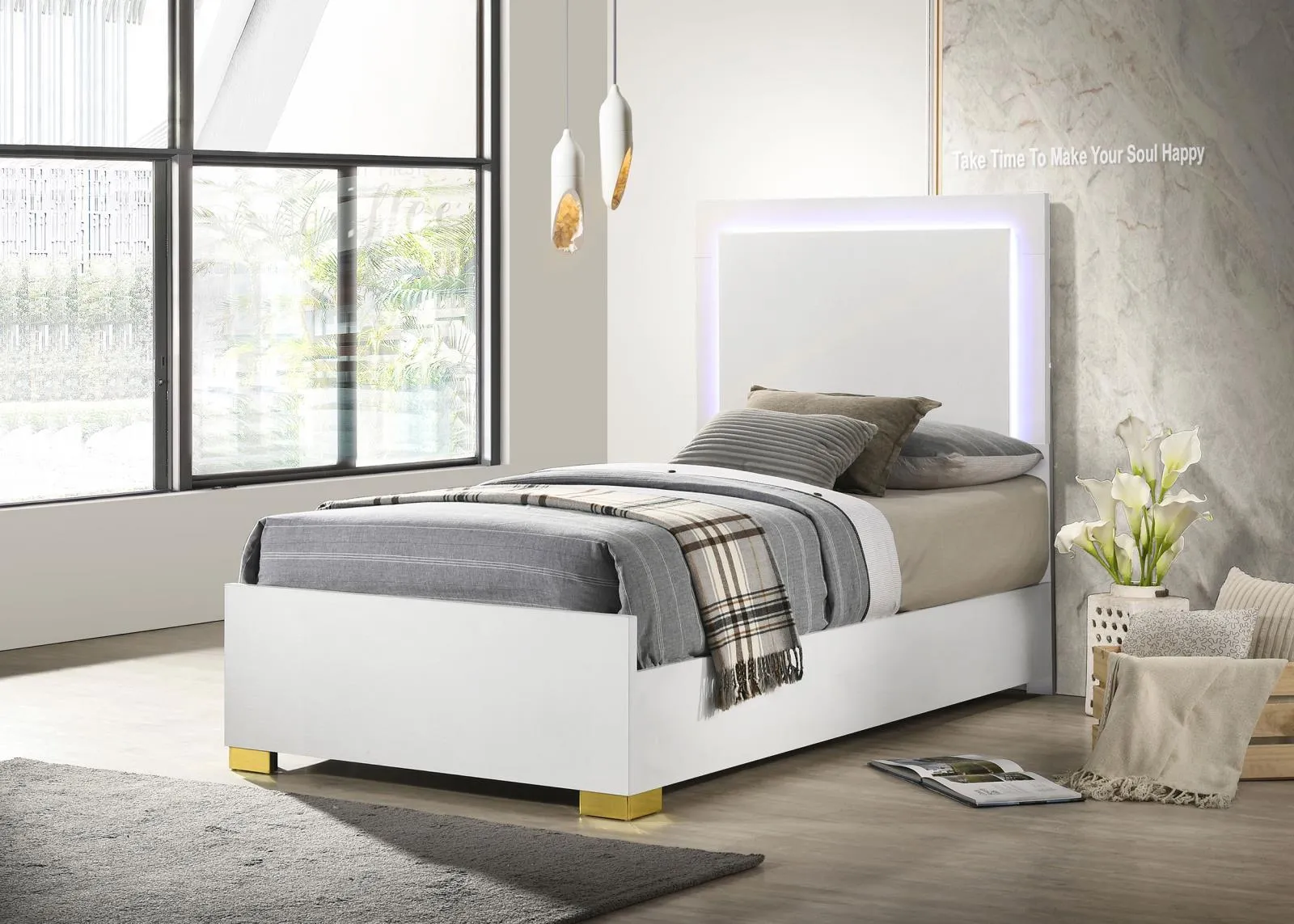 Marceline White Twin Bed with LED Headboard