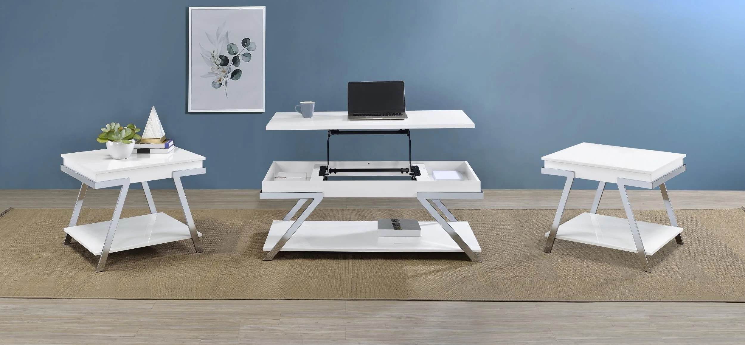 Marcia White 3-Piece High Gloss Lift Top Coffee and End Table Set