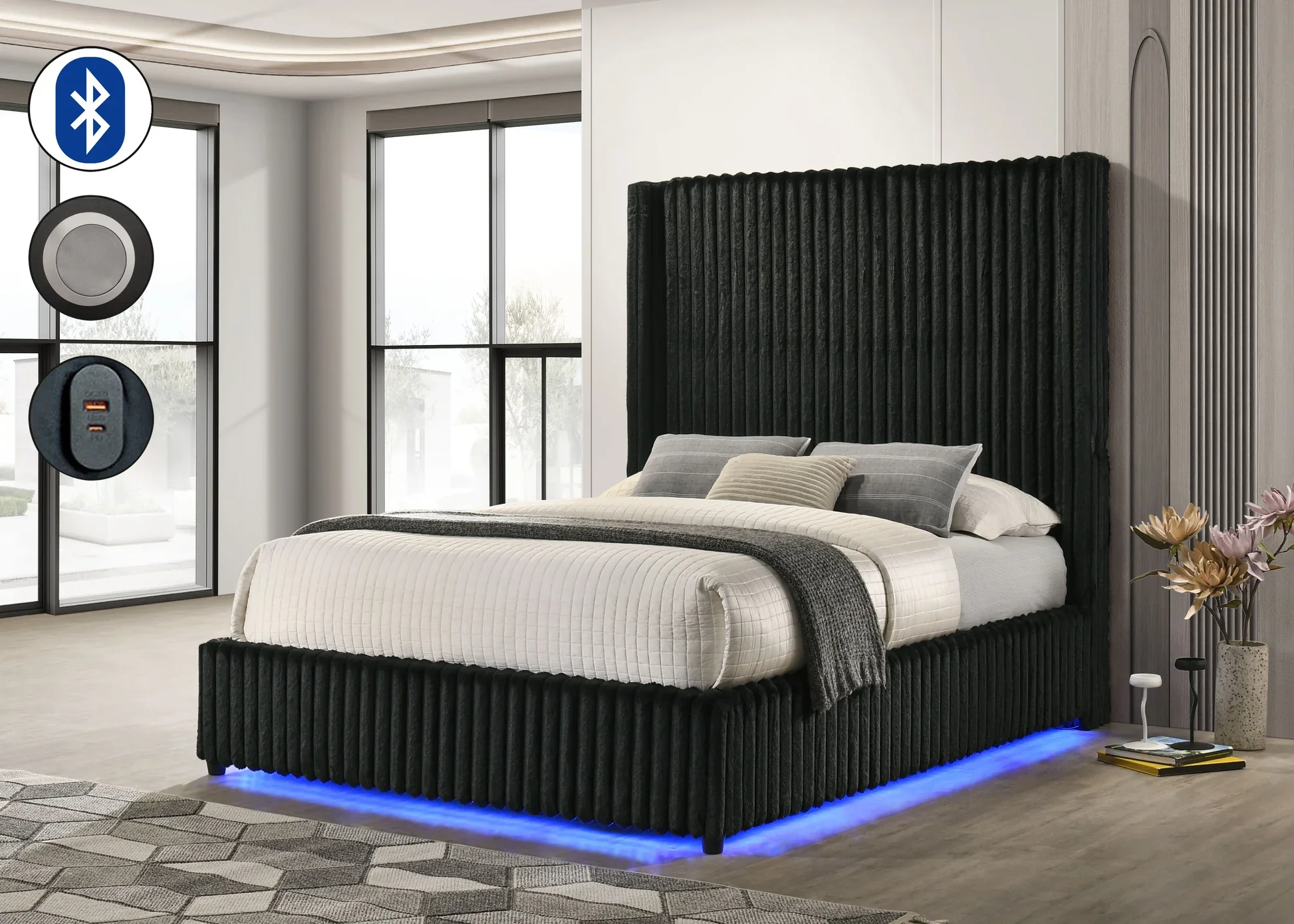 Melinda Black Premium Corduroy Queen Bed