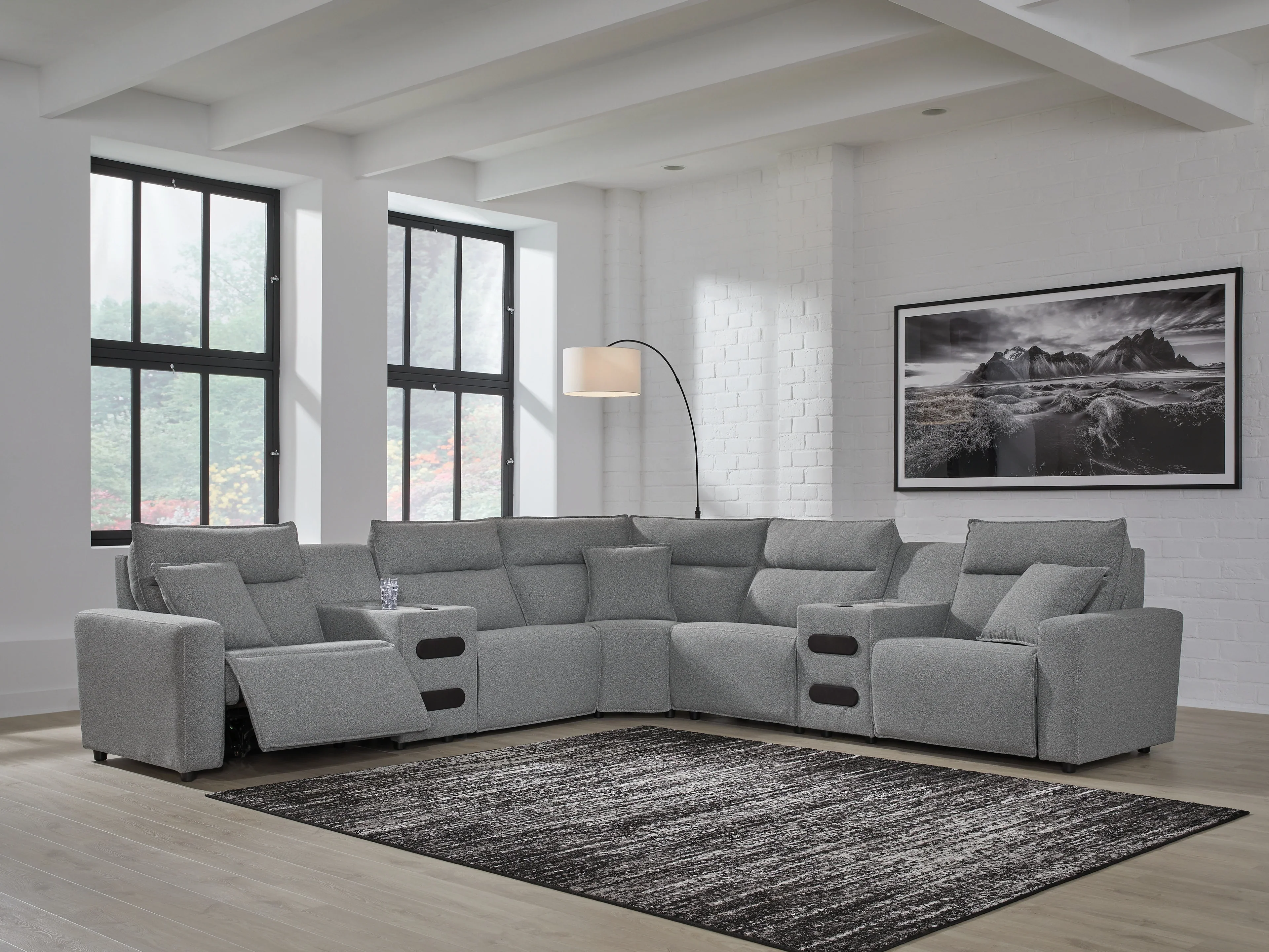 Modmax II Salt and Pepper 7-Piece Power Reclining Sectional with 2 Audio Consoles