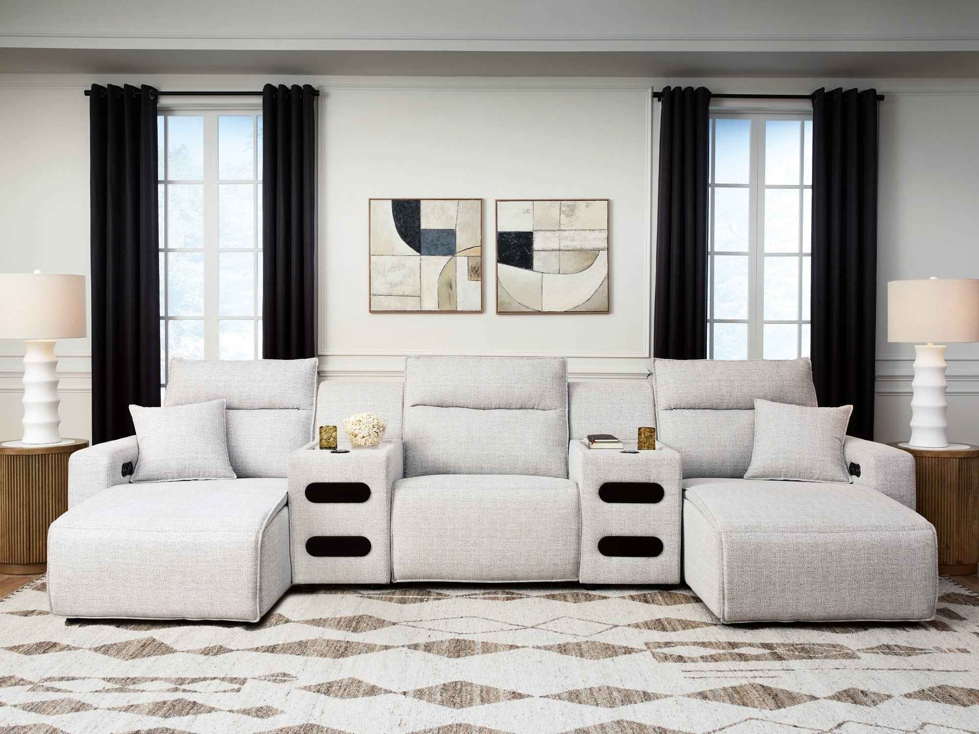 ModMax II Stone 5-Piece Power Reclining Sectional with Chaise and Audio Consoles