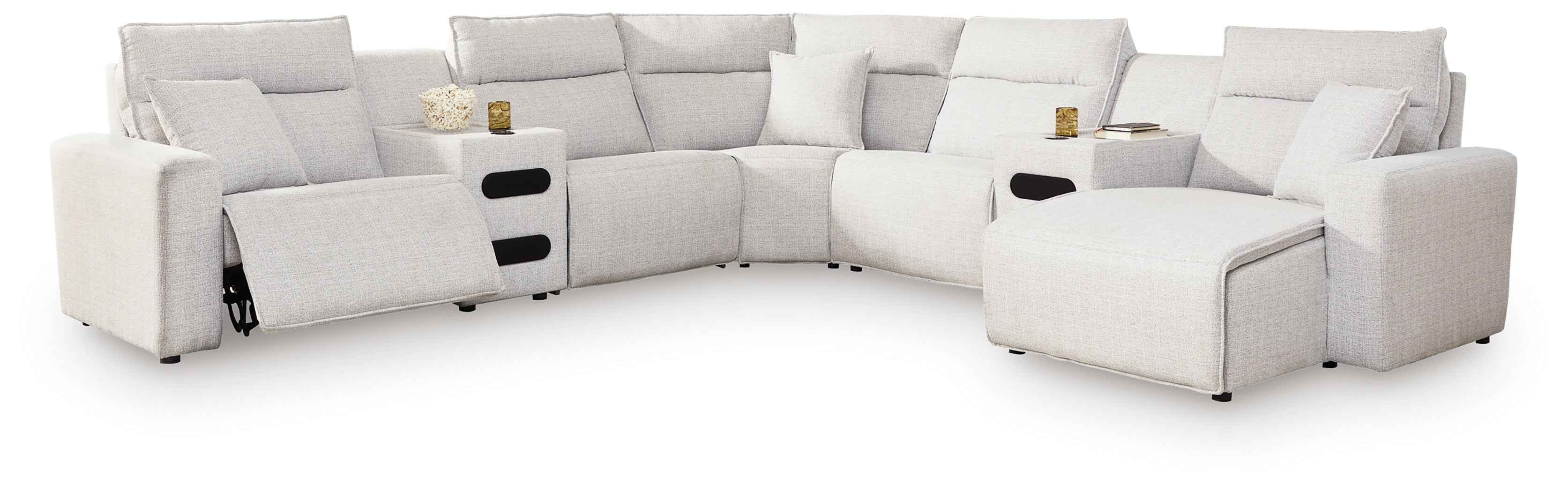ModMax II Stone 7-Piece Power Reclining Sectional with RAF Chaise and Audio Consoles