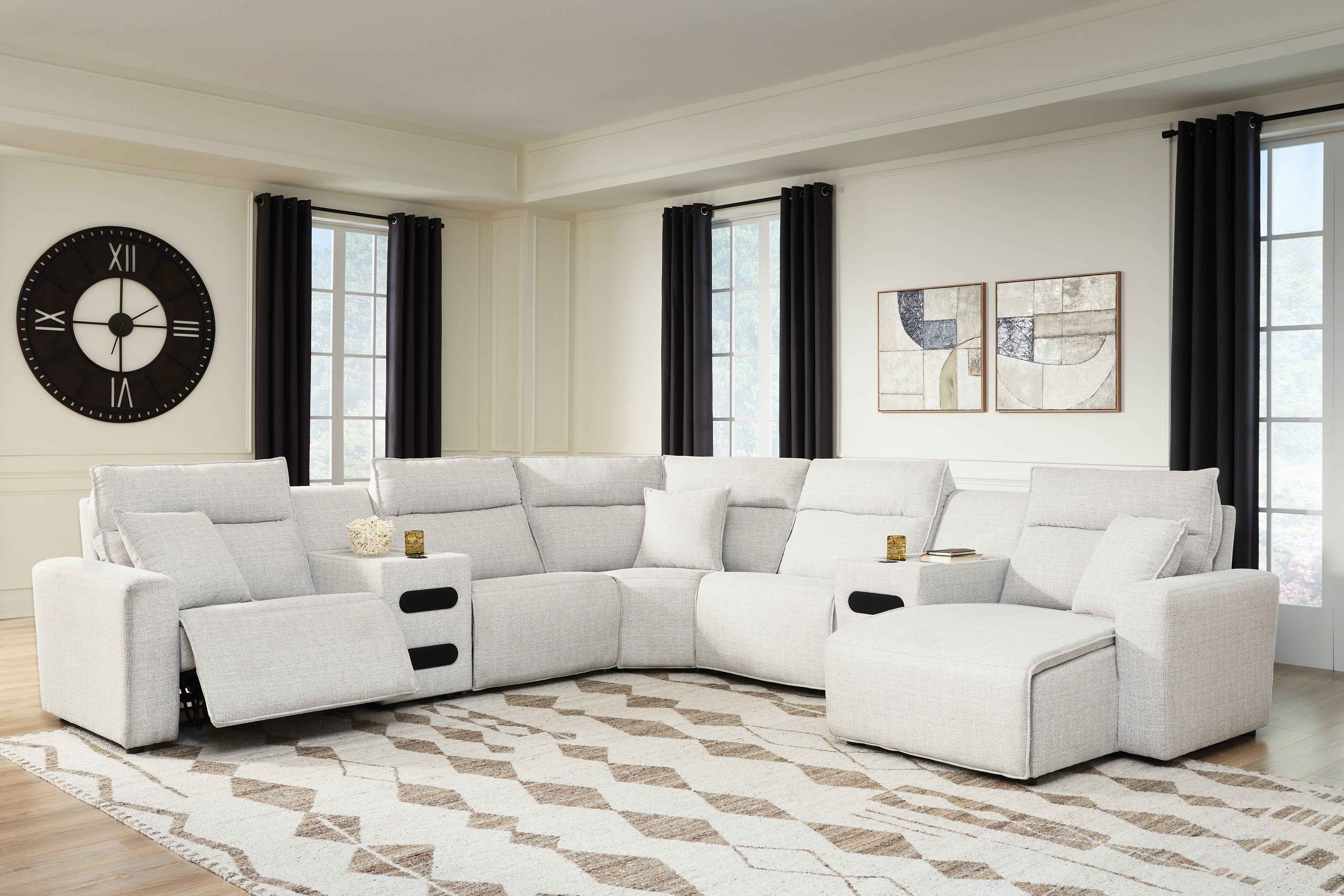 ModMax II Stone 7-Piece Power Reclining Sectional with RAF Chaise and Audio Consoles - Image 5