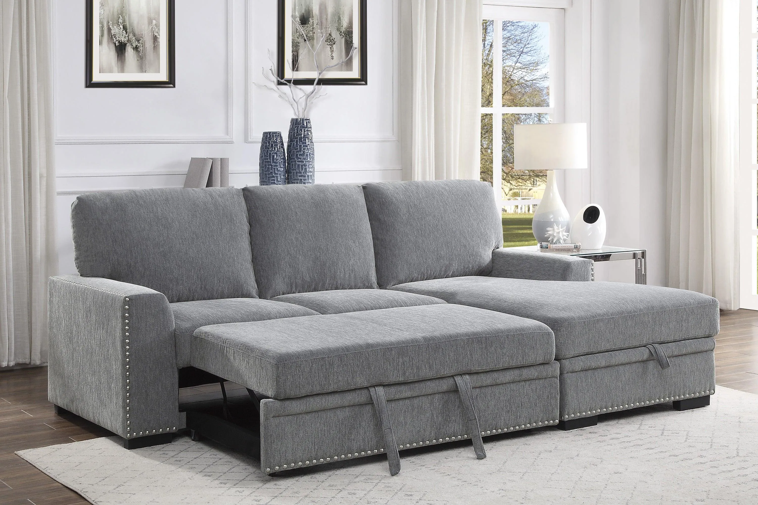 Morelia 2-Piece Sectional with Pull-out Bed and Right Chaise with Hidden Storage In Gray - Image 4