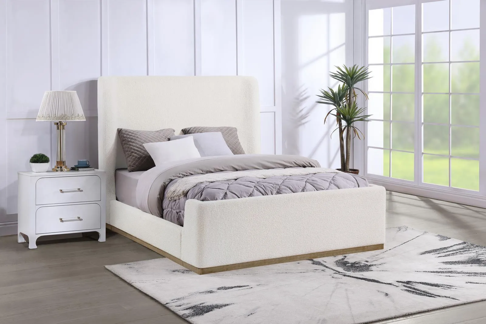 Nala Cream Upholstered Eastern King Wingback Platform Sleigh Bed