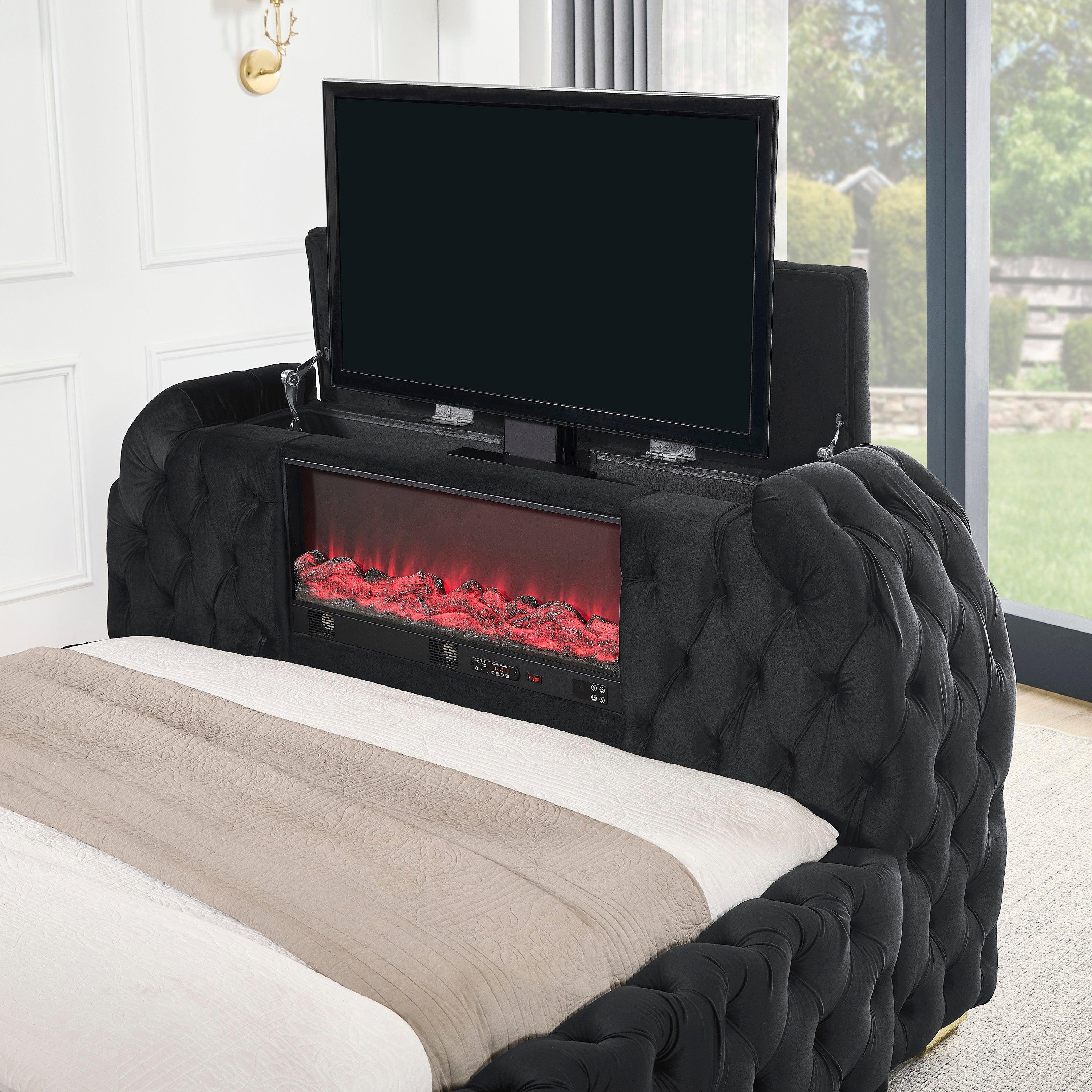 Natalia Black King Upholstered Fireplace Bed with TV Lift - Image 3