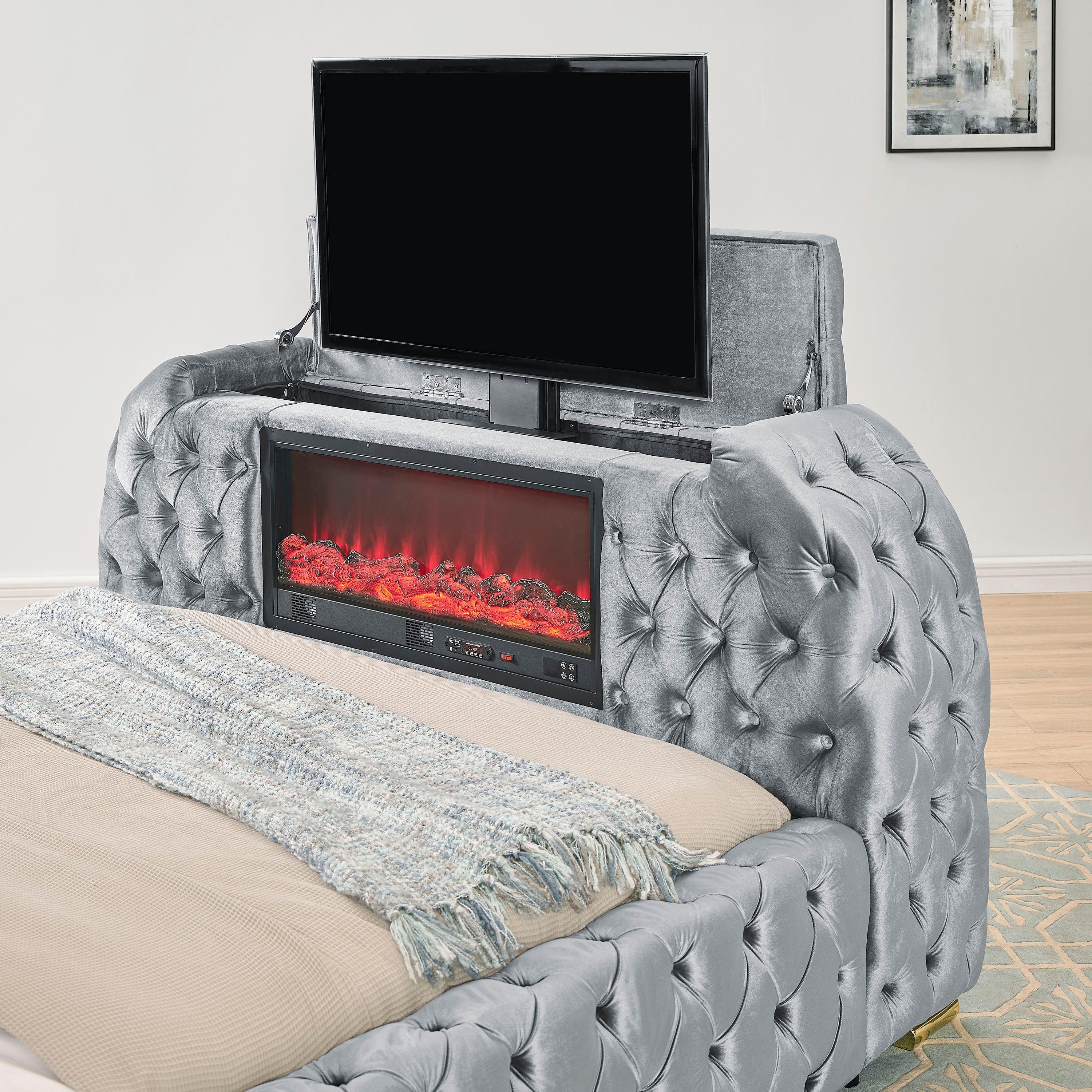 Natalia Gray King Upholstered Fireplace Bed with TV Lift - Image 5