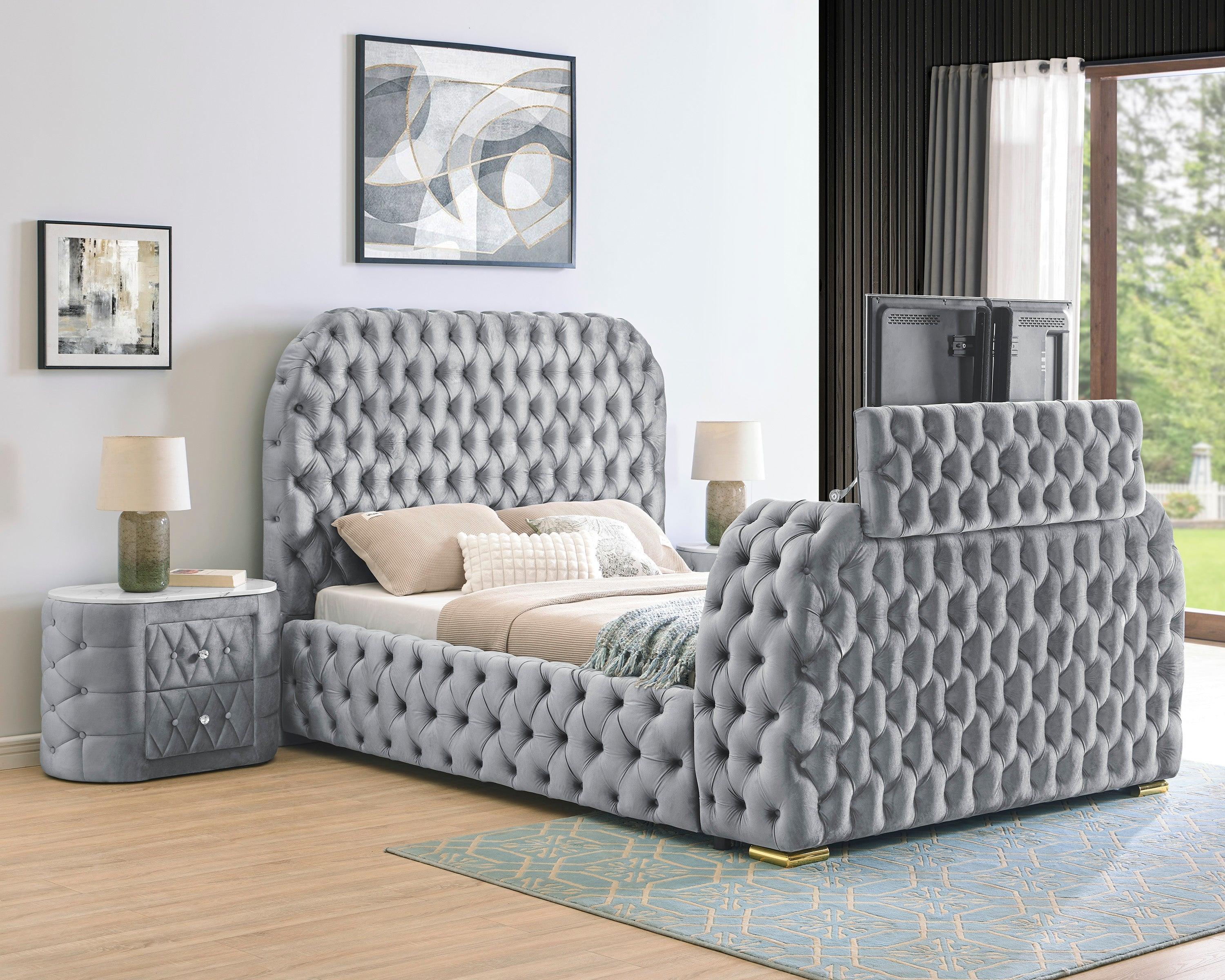 Natalia Gray Upholstered Bedroom Set with TV Lift