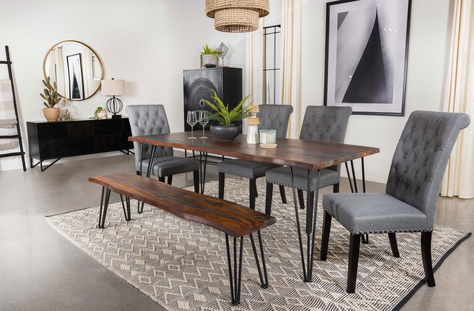 Neve Sheesham Gray/Gunmetal Live-edge Dining Bench with Hairpin Legs - Image 6