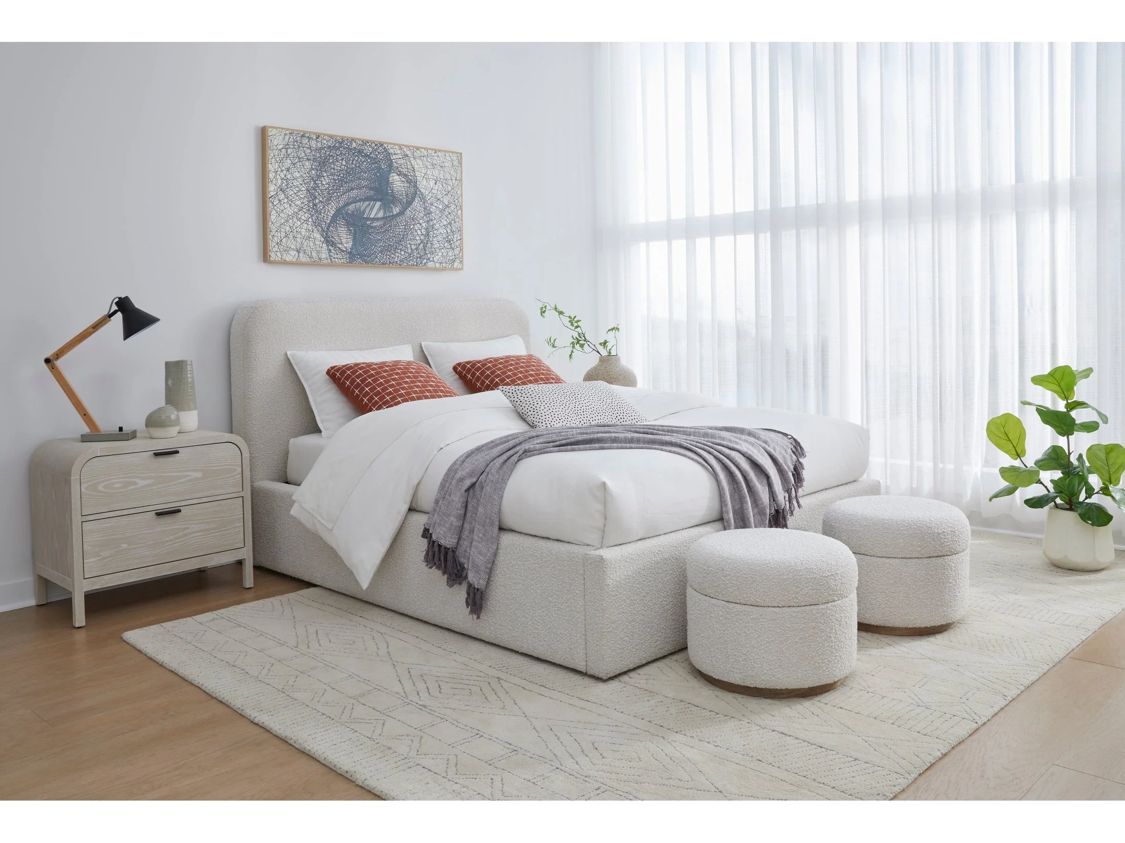 Off-White Upholstered Full Platform Bed in Ricotta Boucle