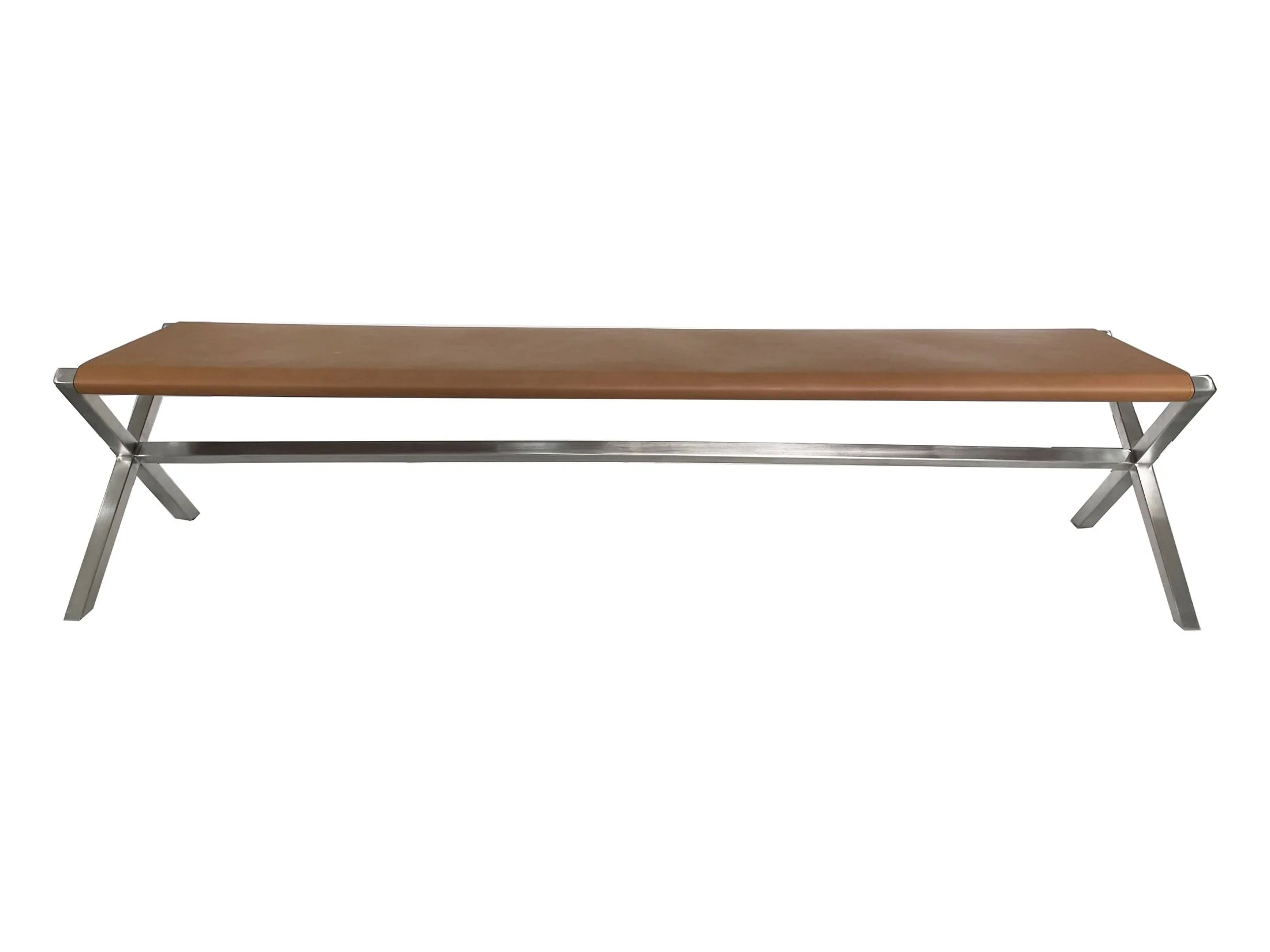 One Modern Coastal Director's Style Leather Dining Bench in Cognac and Brushed Stainless Steel