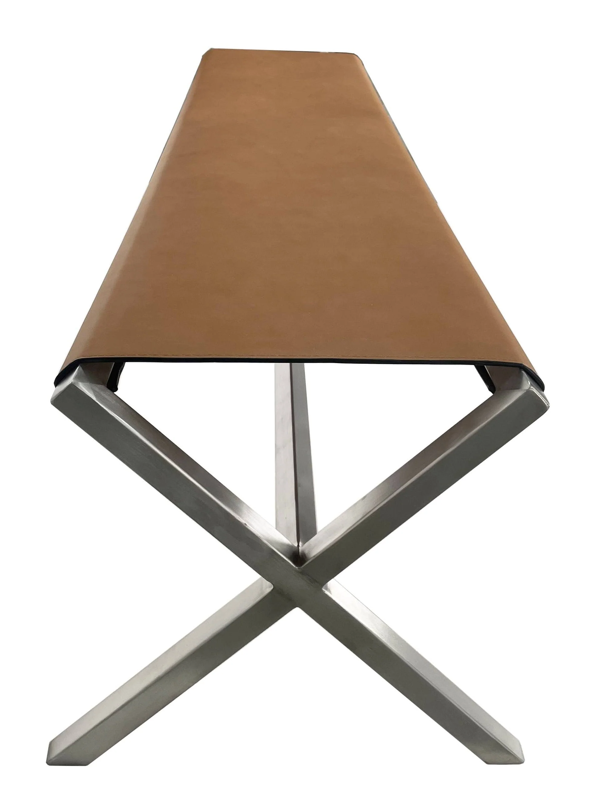 One Modern Coastal Director's Style Leather Dining Bench in Cognac and Brushed Stainless Steel - Image 3