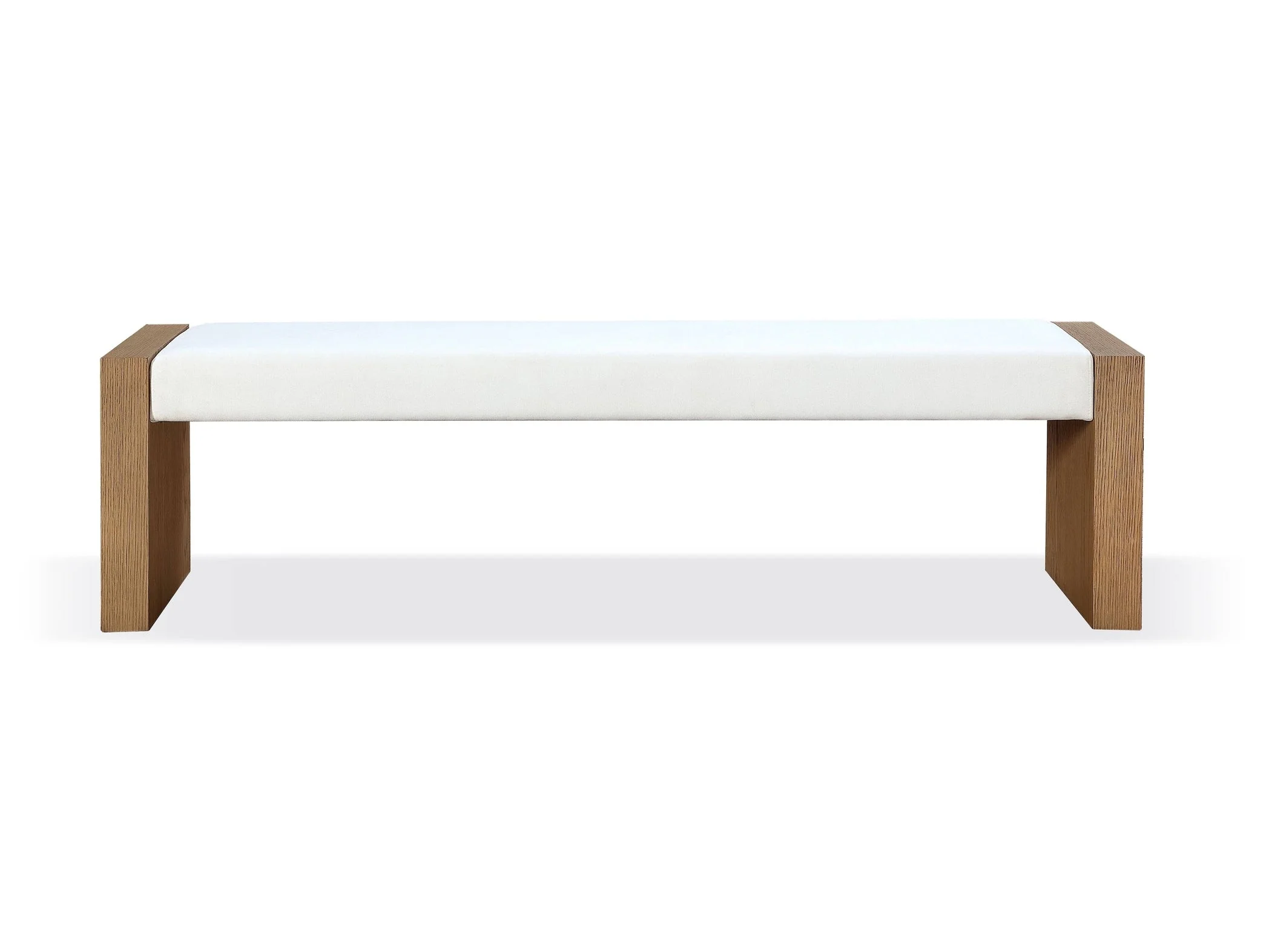 One Modern Coastal Slab Leg Upholstered Dining Bench in White Oak and White Pearl