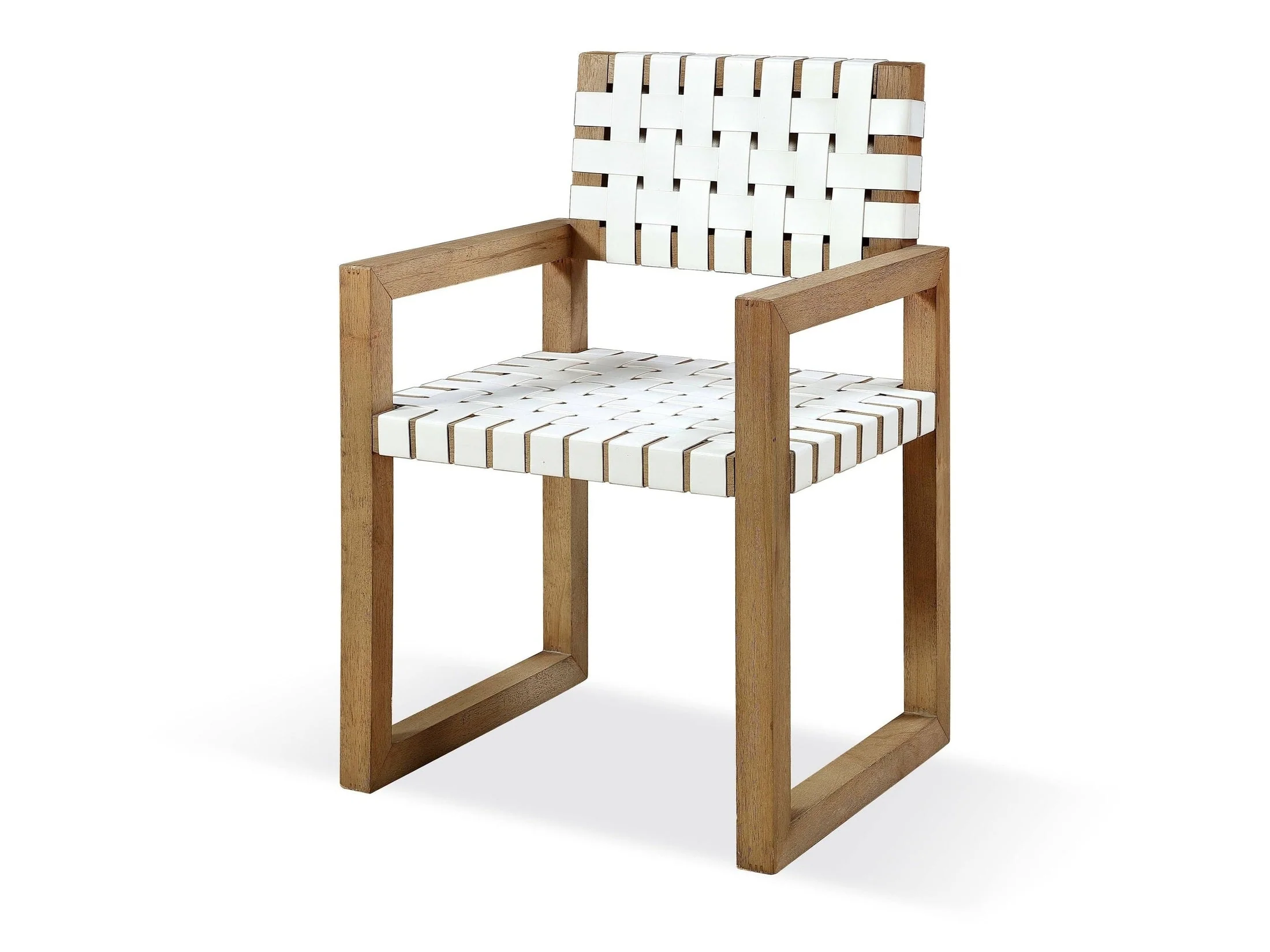 One Woven Leather and Solid Wood Dining Arm Chair in White and Bisque