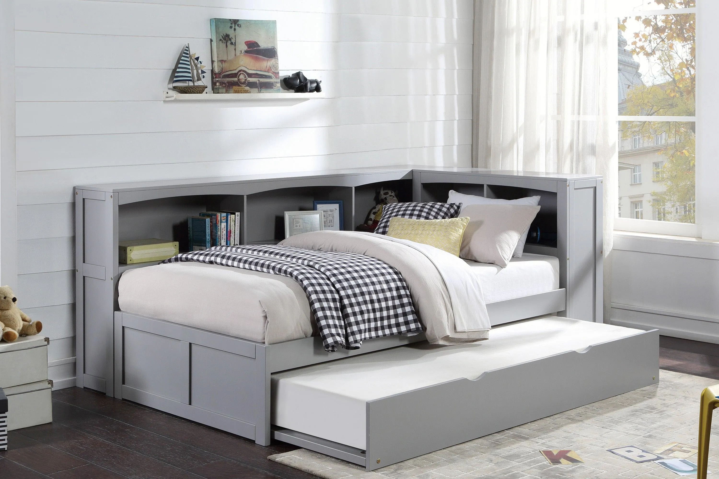 Orion Gray Twin Bookcase Corner Bed with Twin Trundle