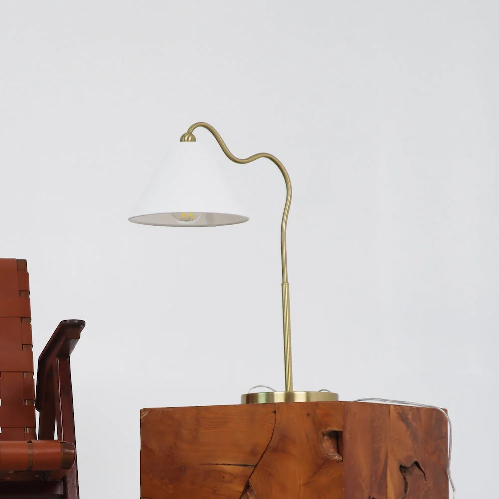 Ornate Brass Ring Base Curved Table Lamp with Triangle White Drum Shade - Image 3