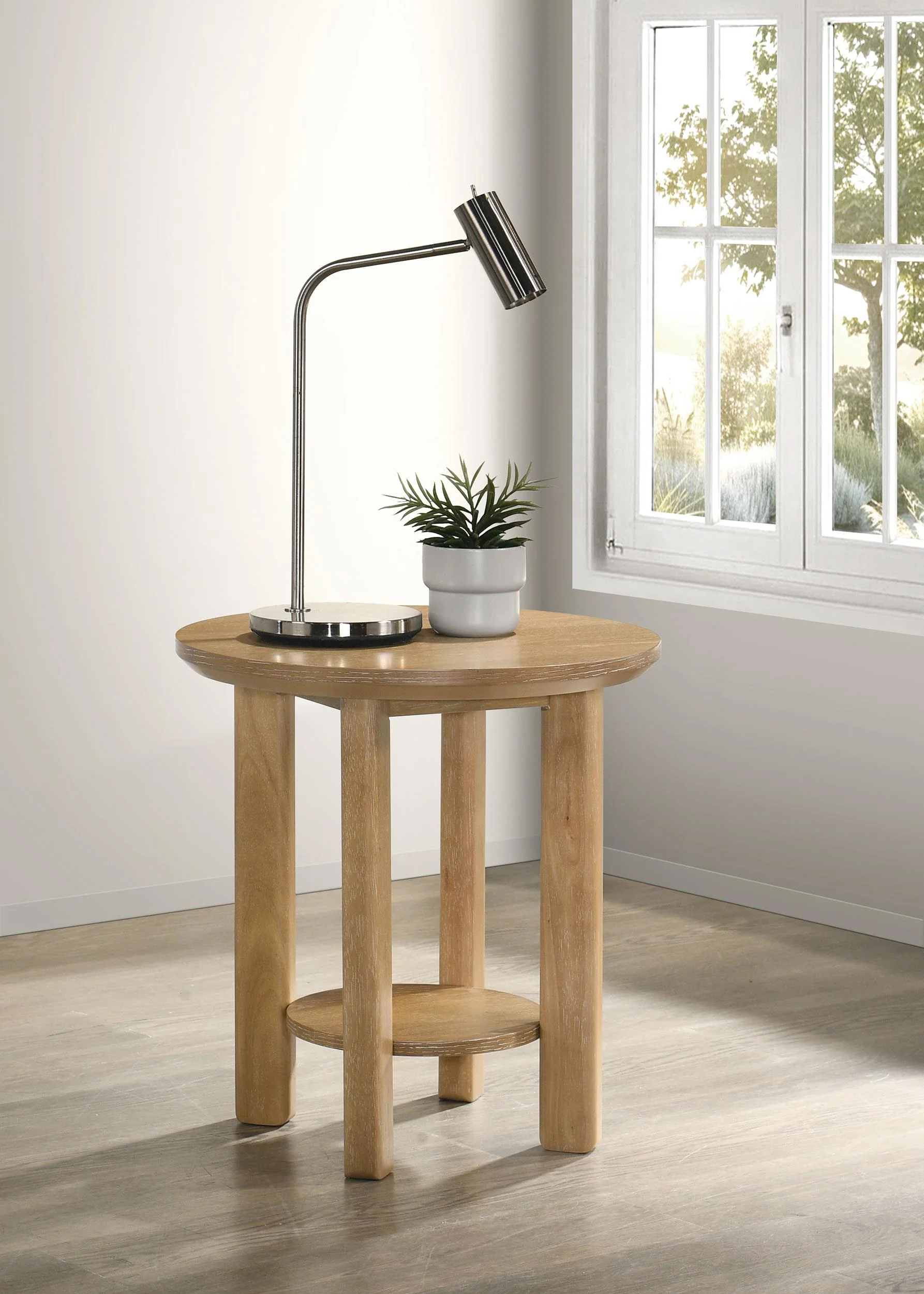 Ottowa Light Oak Round Wood Side End Table with Shelf