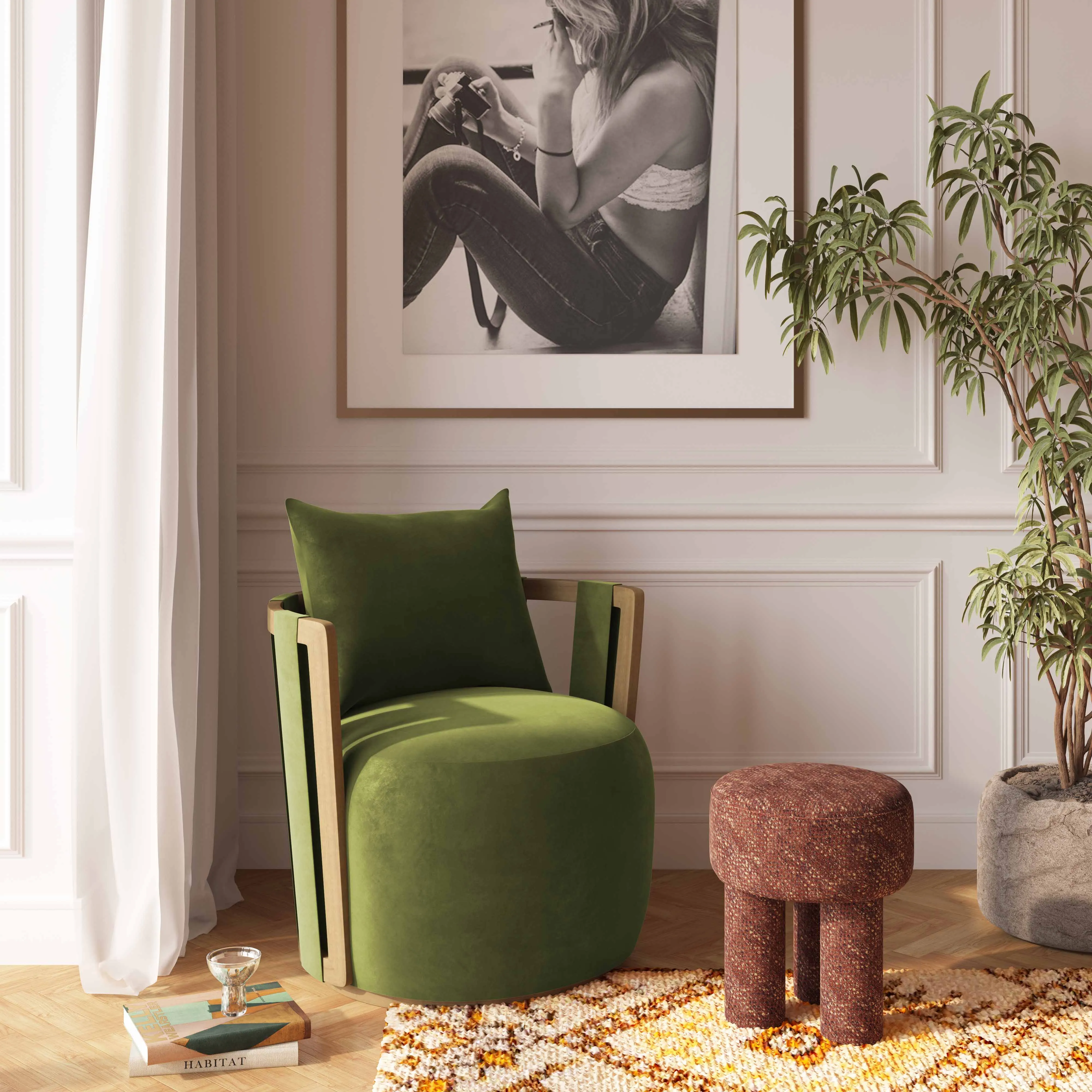 Paolo Green Upcycled Distressed Velvet Swivel Chair - Image 2