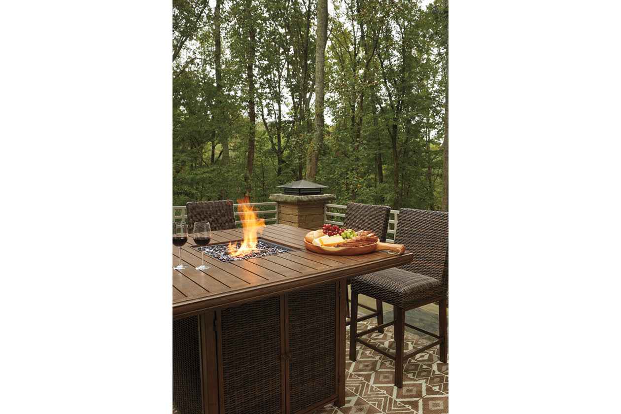 Paradise Trail Medium Brown Outdoor Counter Height Dining Table with 6 Barstools - Image 10