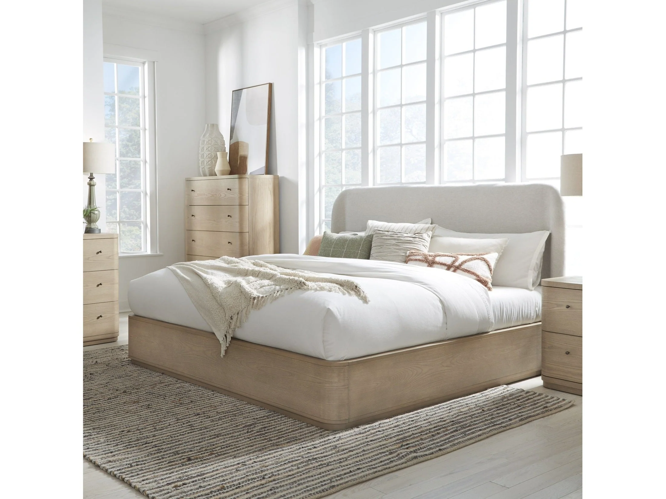 Penny Eastern King Upholstered Platform Bed in Buff Cream Ash and Oatmeal Linen