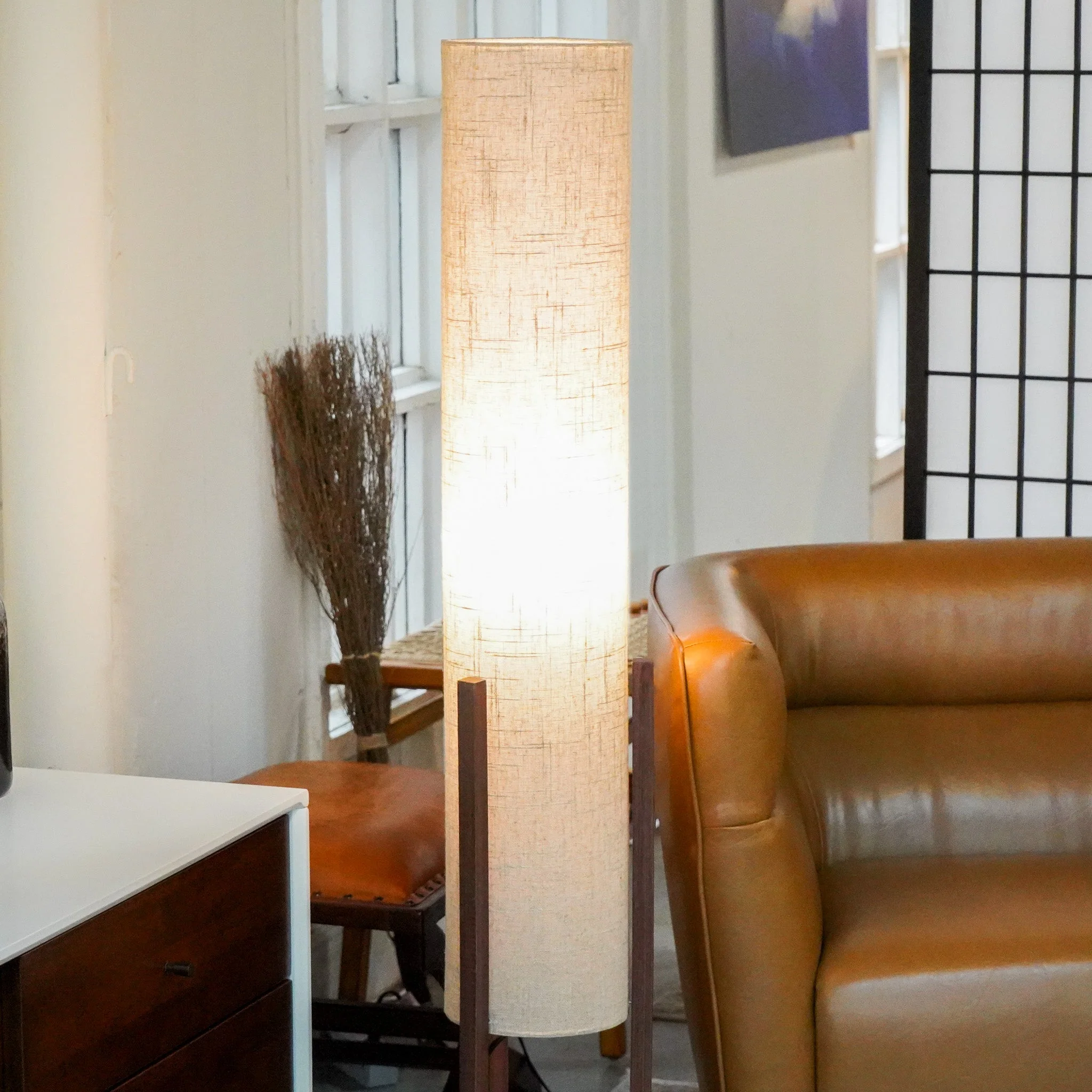 Pharos Contemporary Cylinder Floor Lamp with Brown Wood Base - Image 3