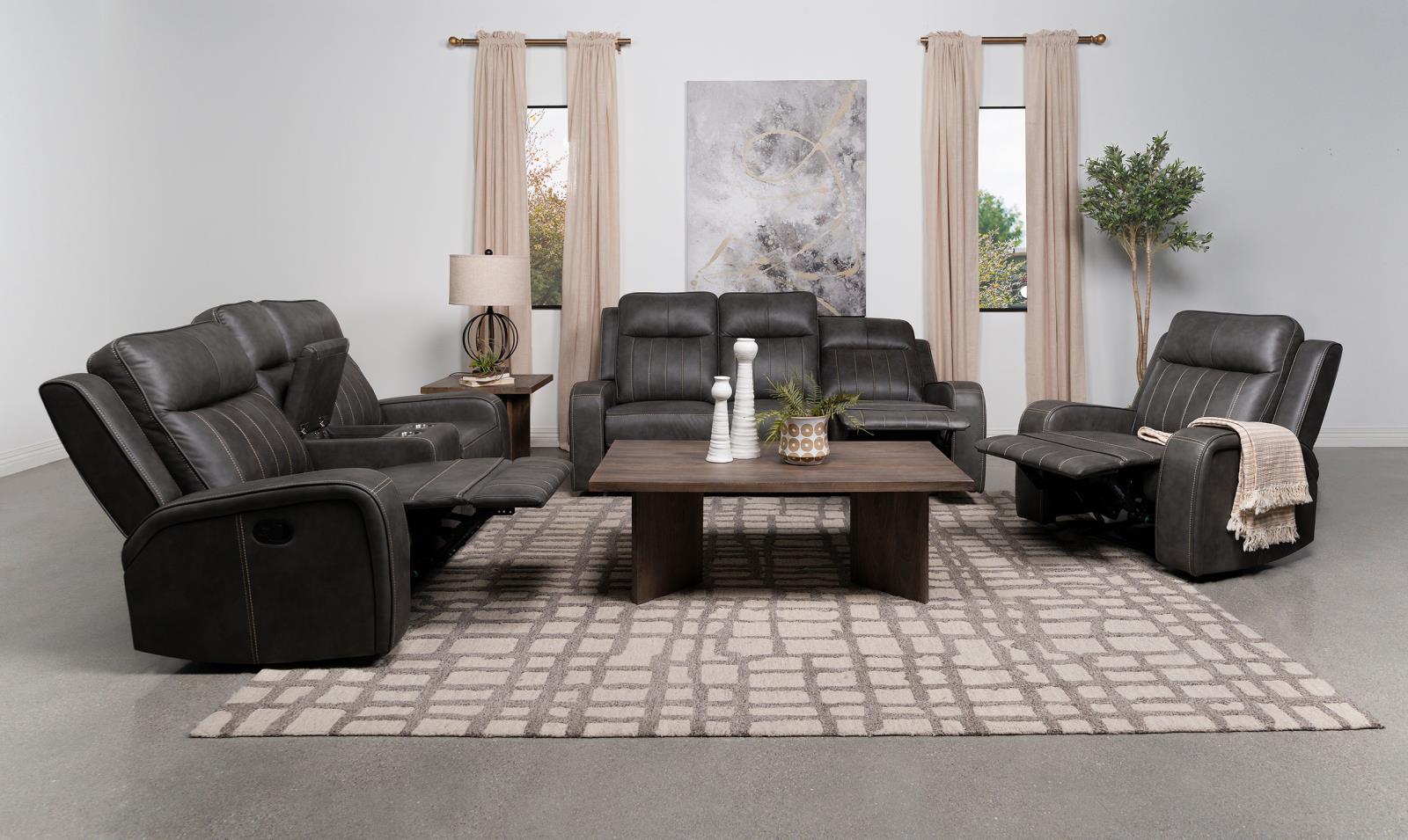 Raelynn Grey Upholstered Motion Reclining Loveseat - Image 11