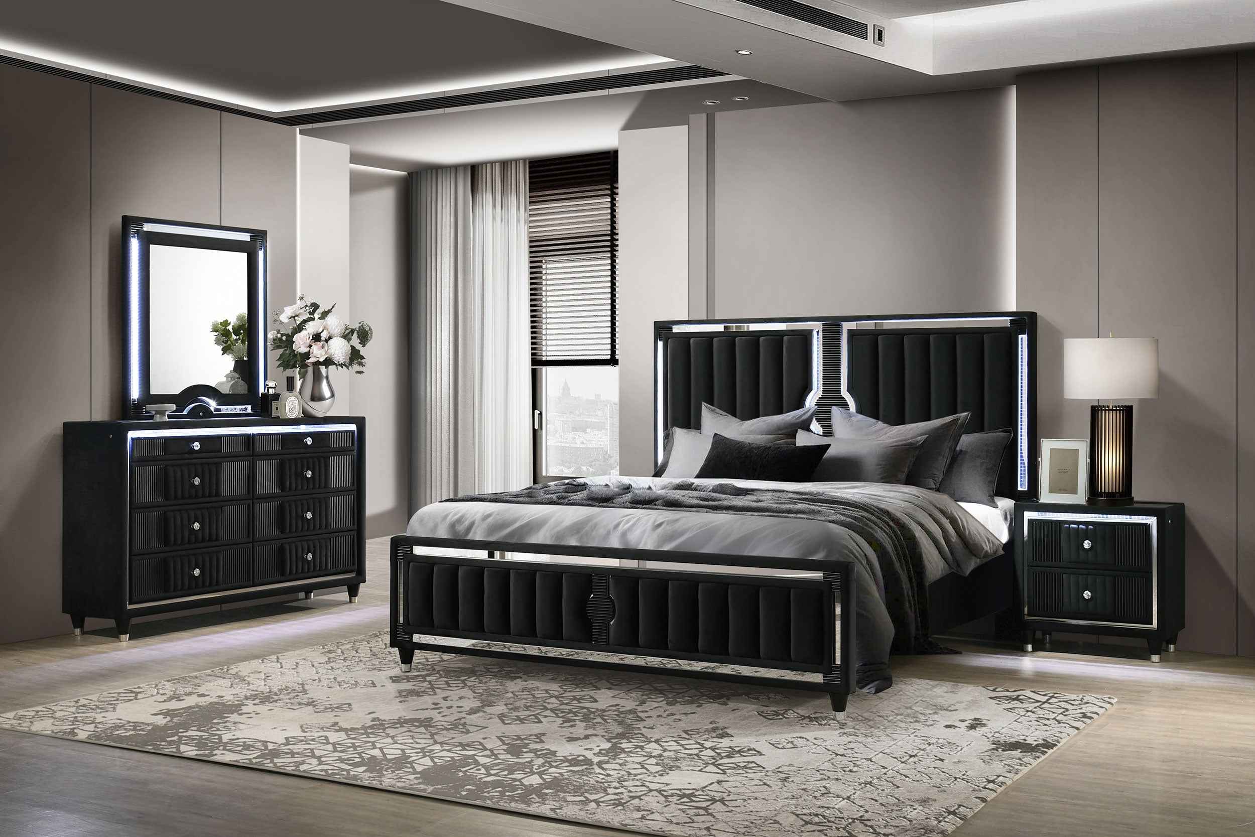 Ravenne Black 4-piece Velvet Upholstered California King LED Bedroom Set