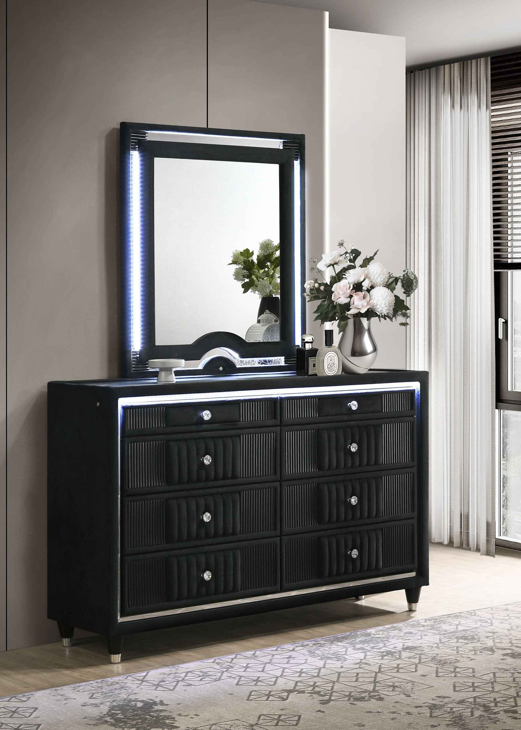 Ravenne Black 8-drawer Velvet Upholstered LED Dresser and Mirror