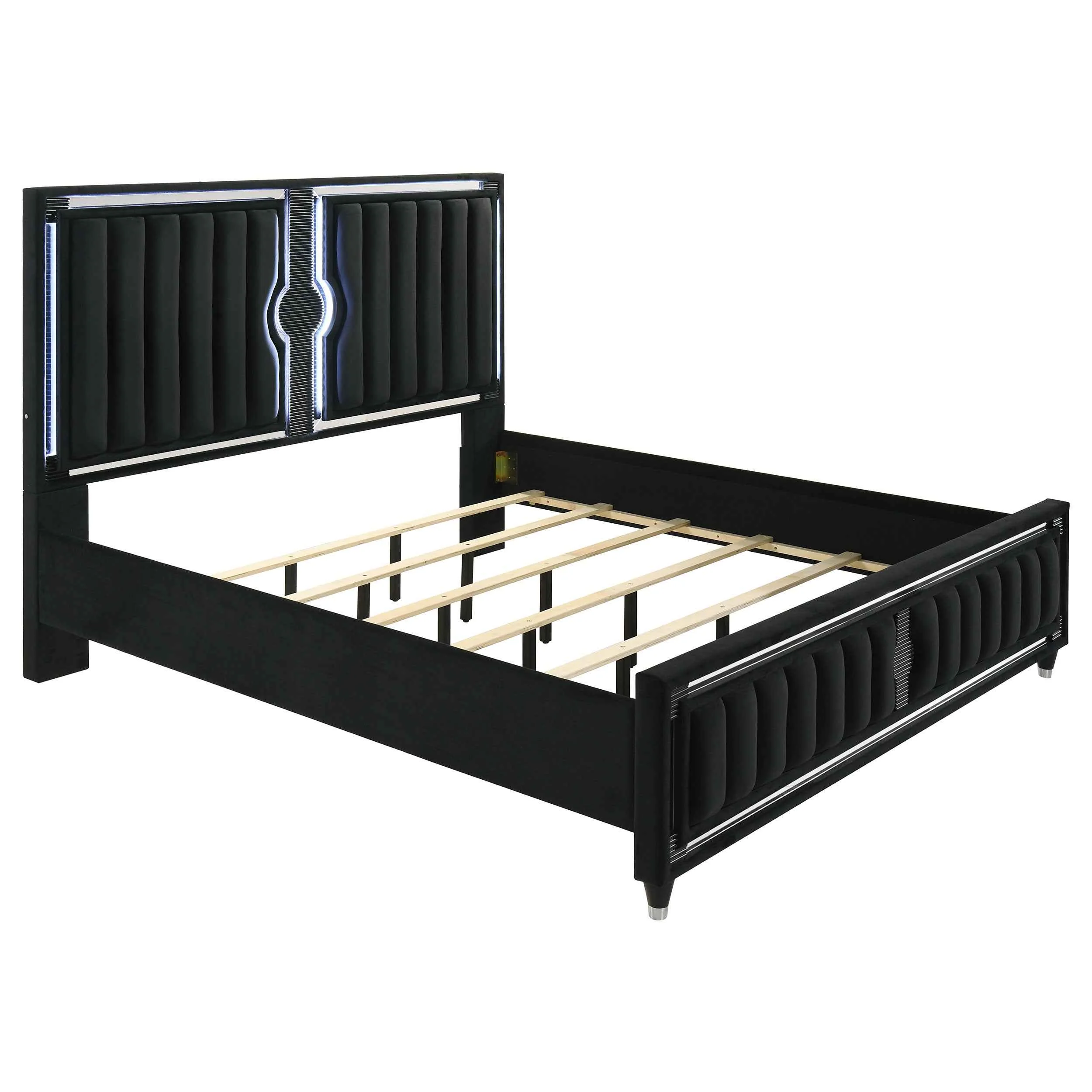 Ravenne Black Velvet Upholstered Eastern King LED Panel Bed - Image 2