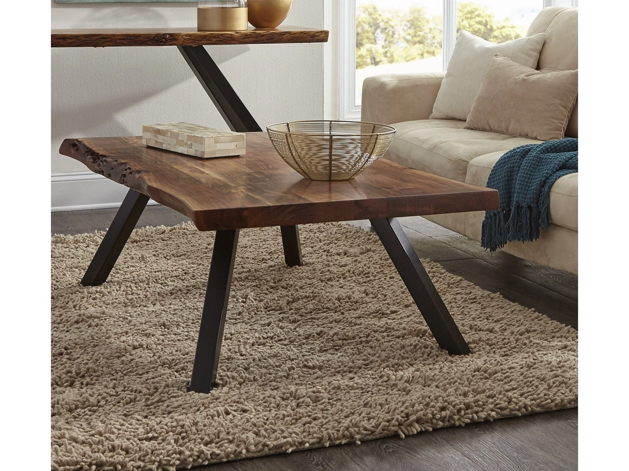 Reese Live Edge Solid Wood Metal Leg Coffee Table in Natural Acacia