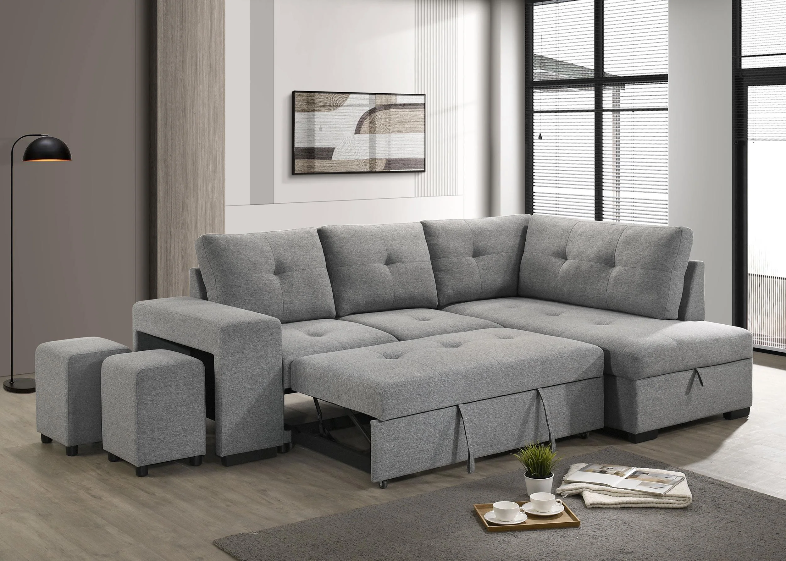 Roanne Grey Fabric Upholstered Sleeper Sectional Sofa - Image 3