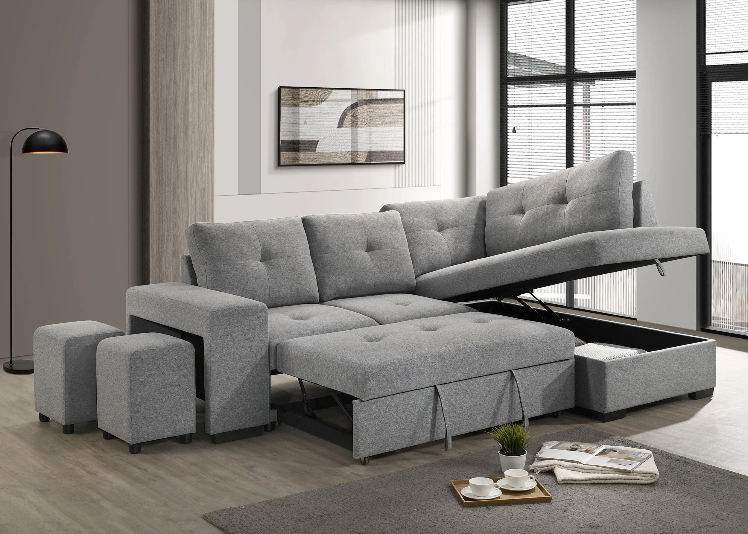 Roanne Grey Fabric Upholstered Sleeper Sectional Sofa - Image 4