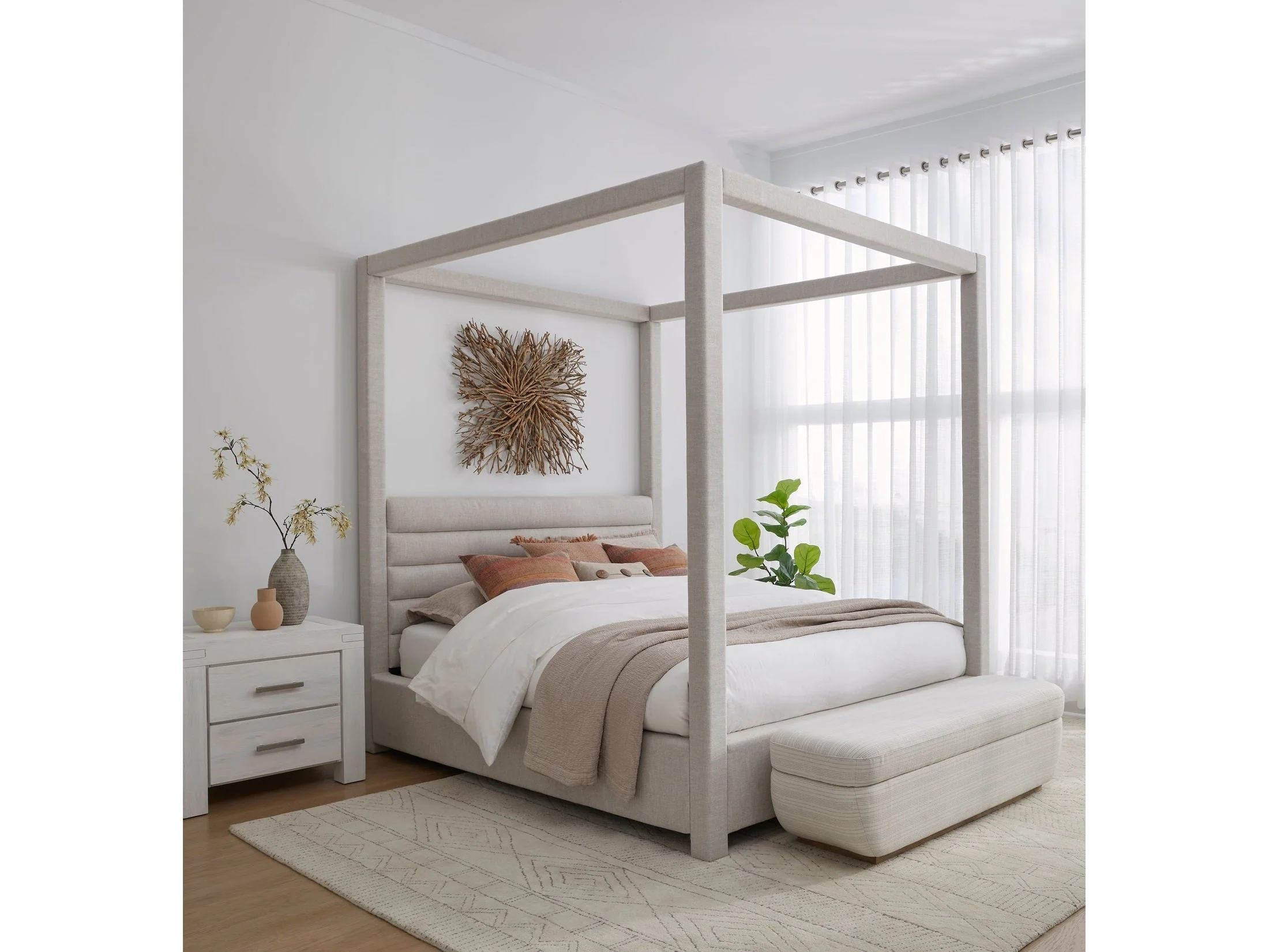 Rockford Upholstered Queen Canopy Bed in Turtle Dove Linen