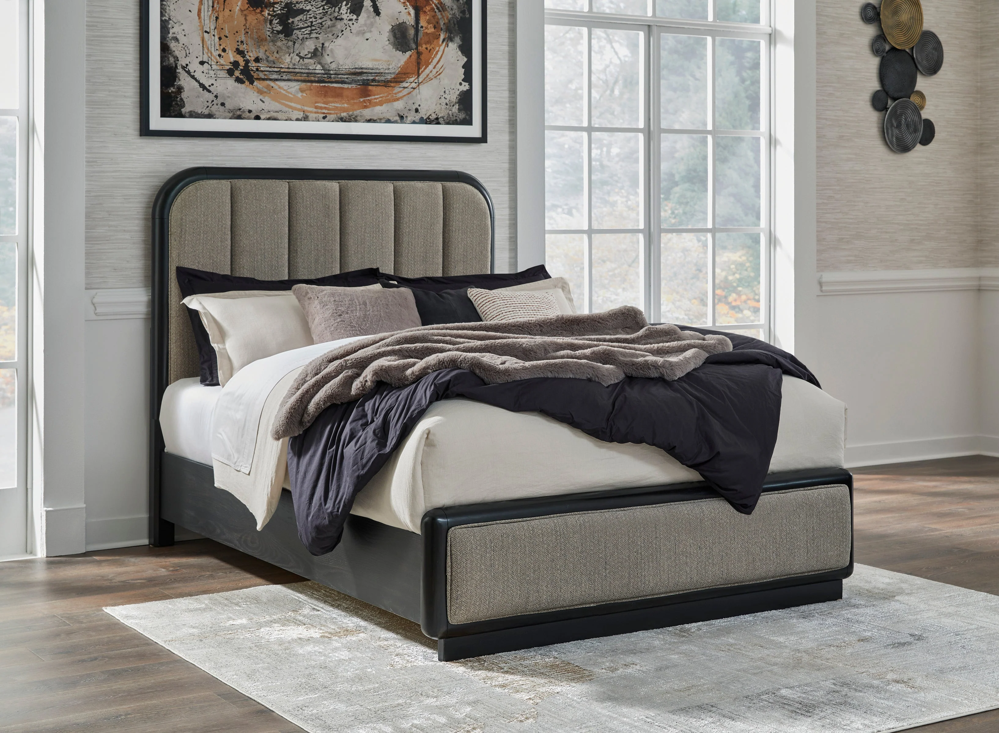 Rowanbeck Gray/Black Upholstered Panel Bedroom Set - Image 2