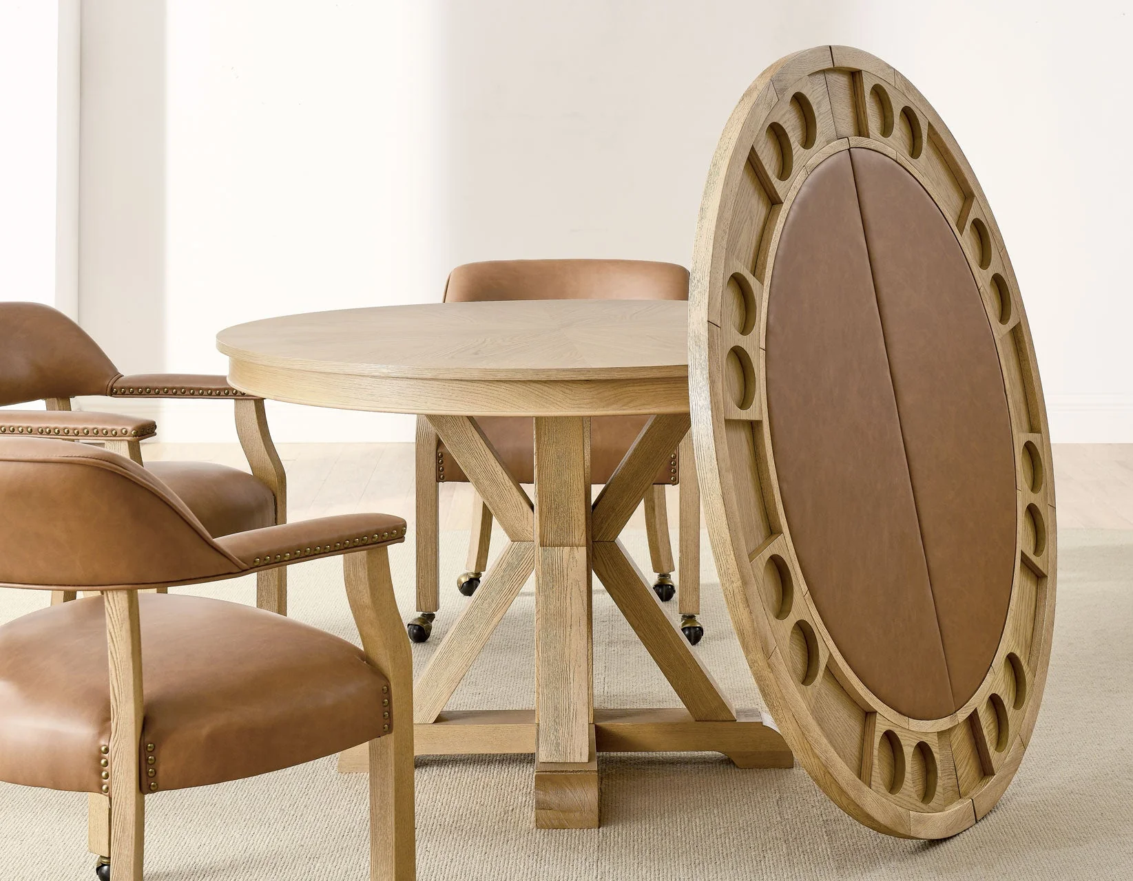 Rylie 48-inch Round Dining Table with Folding Game Top, Natural Finish - Image 12