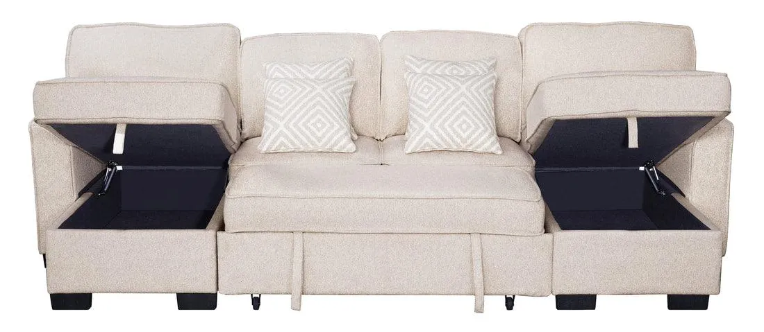 Sahara Beige Double Storage Chaise Sectional w/ Drop Down Cupholders - Image 5