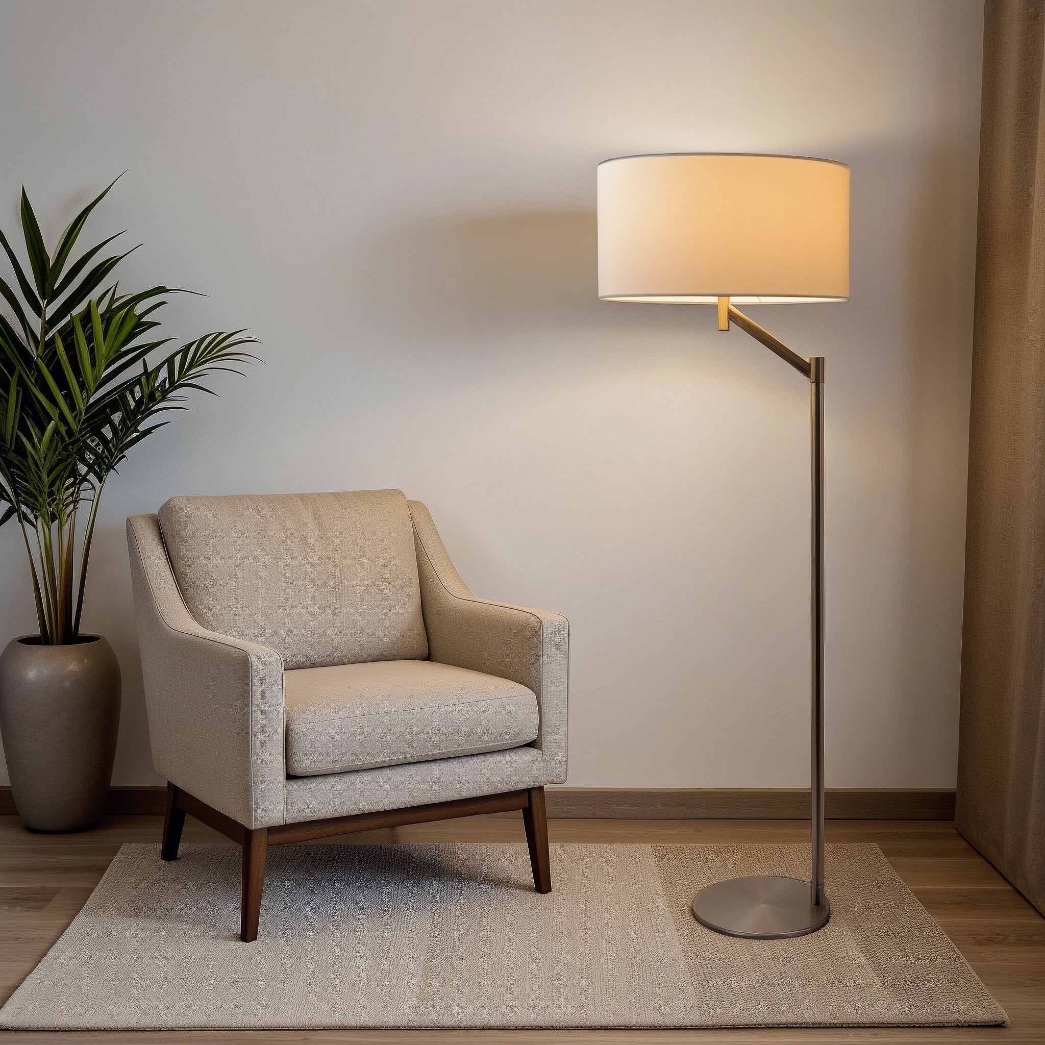 Serene Brushed Nickel Floor Lamp with Rotary Switch Metal Base White Linen Shade - Image 2