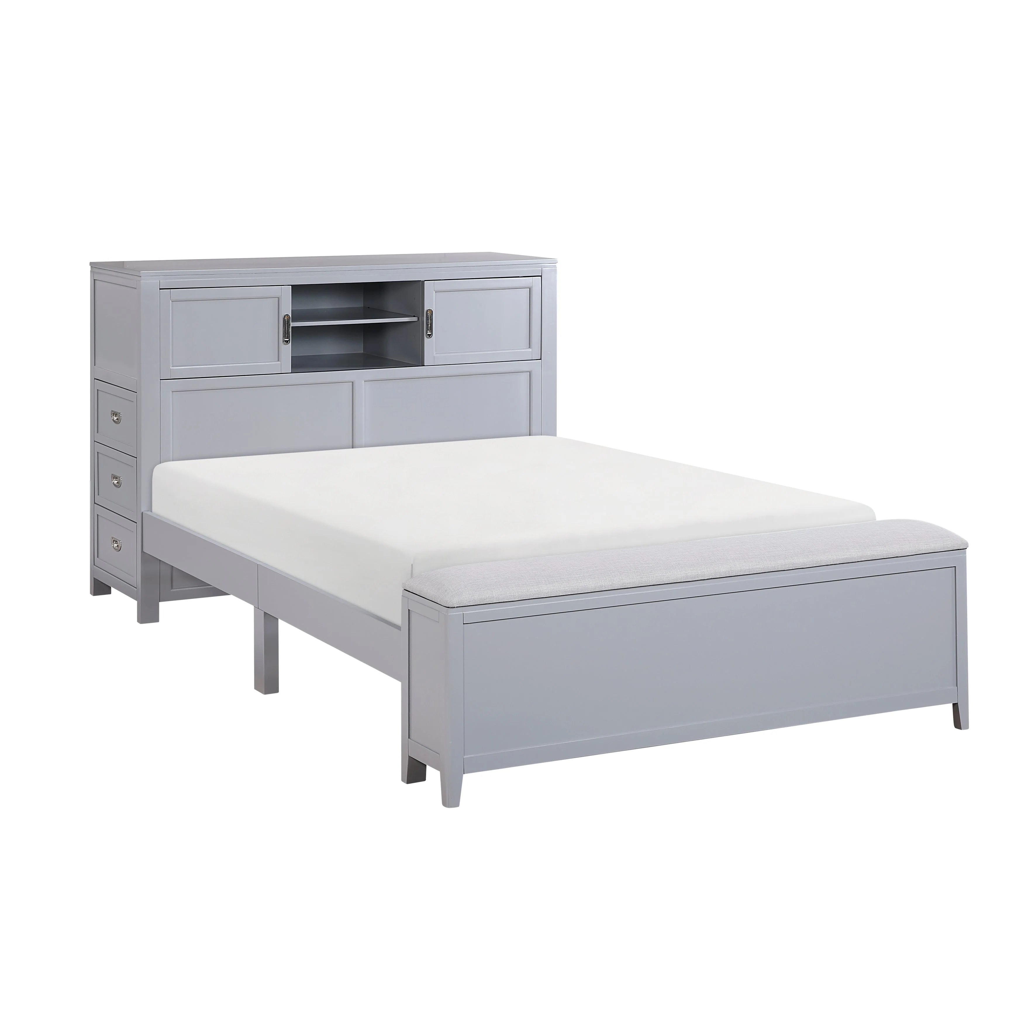 Sloane Gray Full Bookcase Bed with Hidden Desk, Stool and Storage Bench
