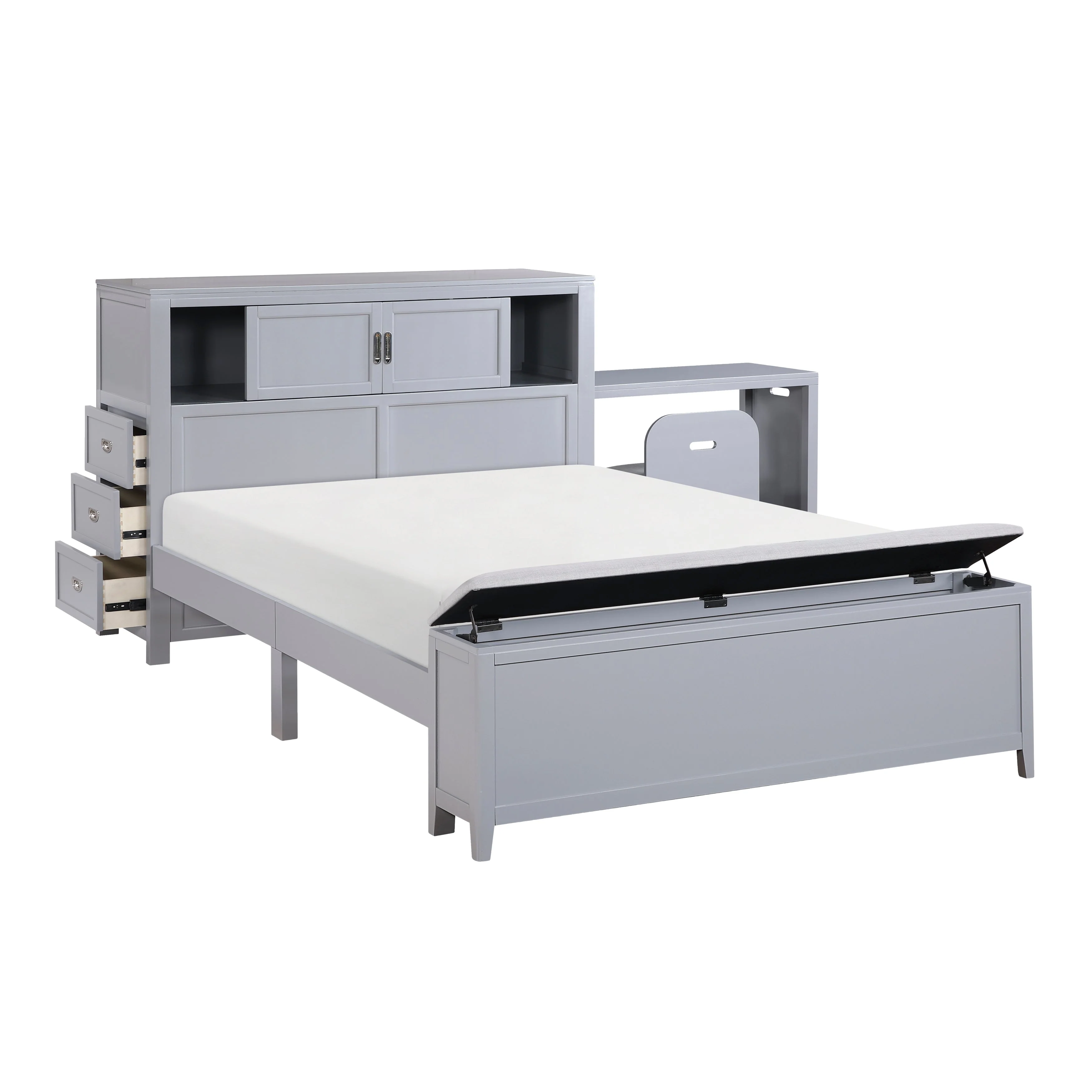 Sloane Gray Full Bookcase Bed with Hidden Desk, Stool and Storage Bench - Image 13