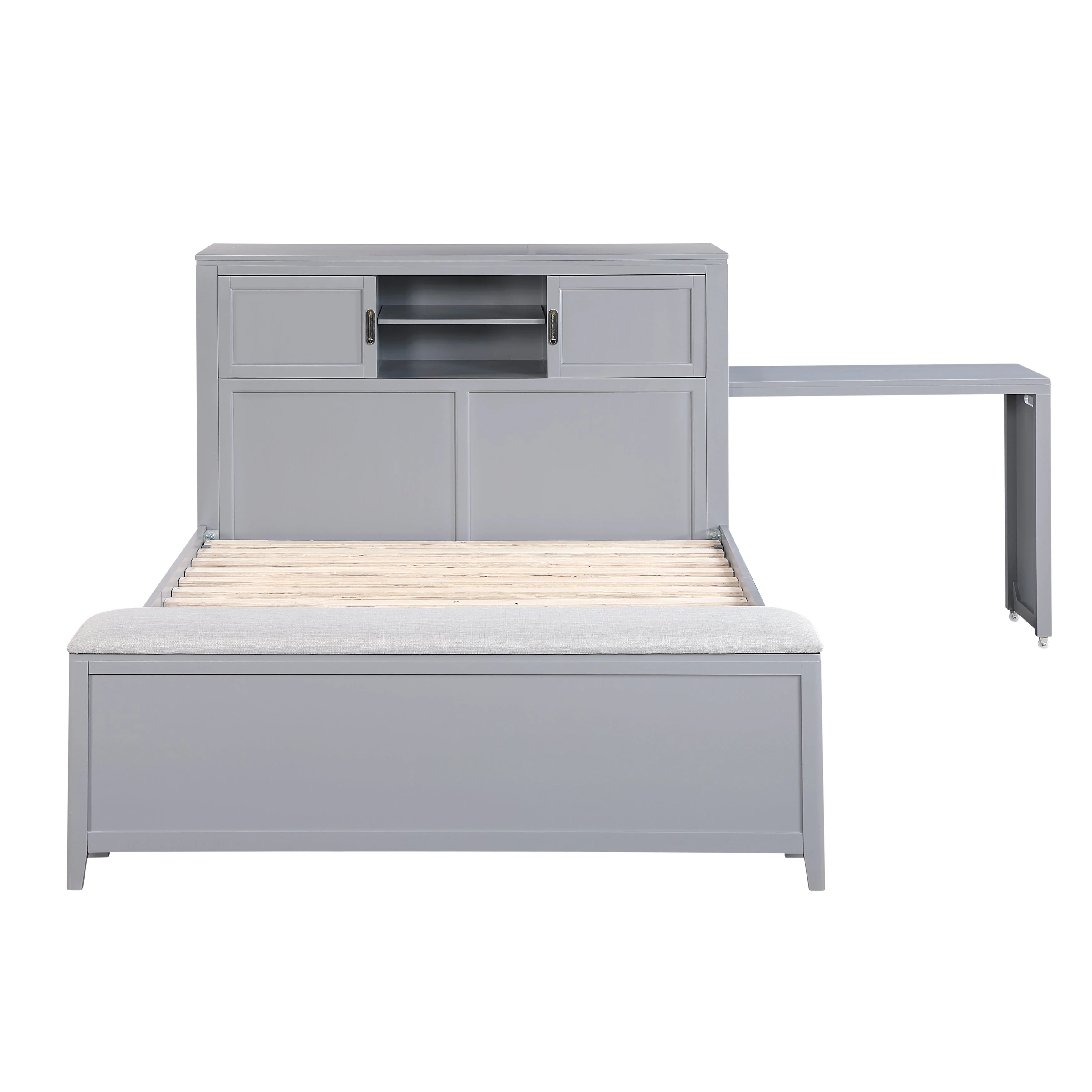 Sloane Gray Full Bookcase Bed with Hidden Desk, Stool and Storage Bench - Image 8
