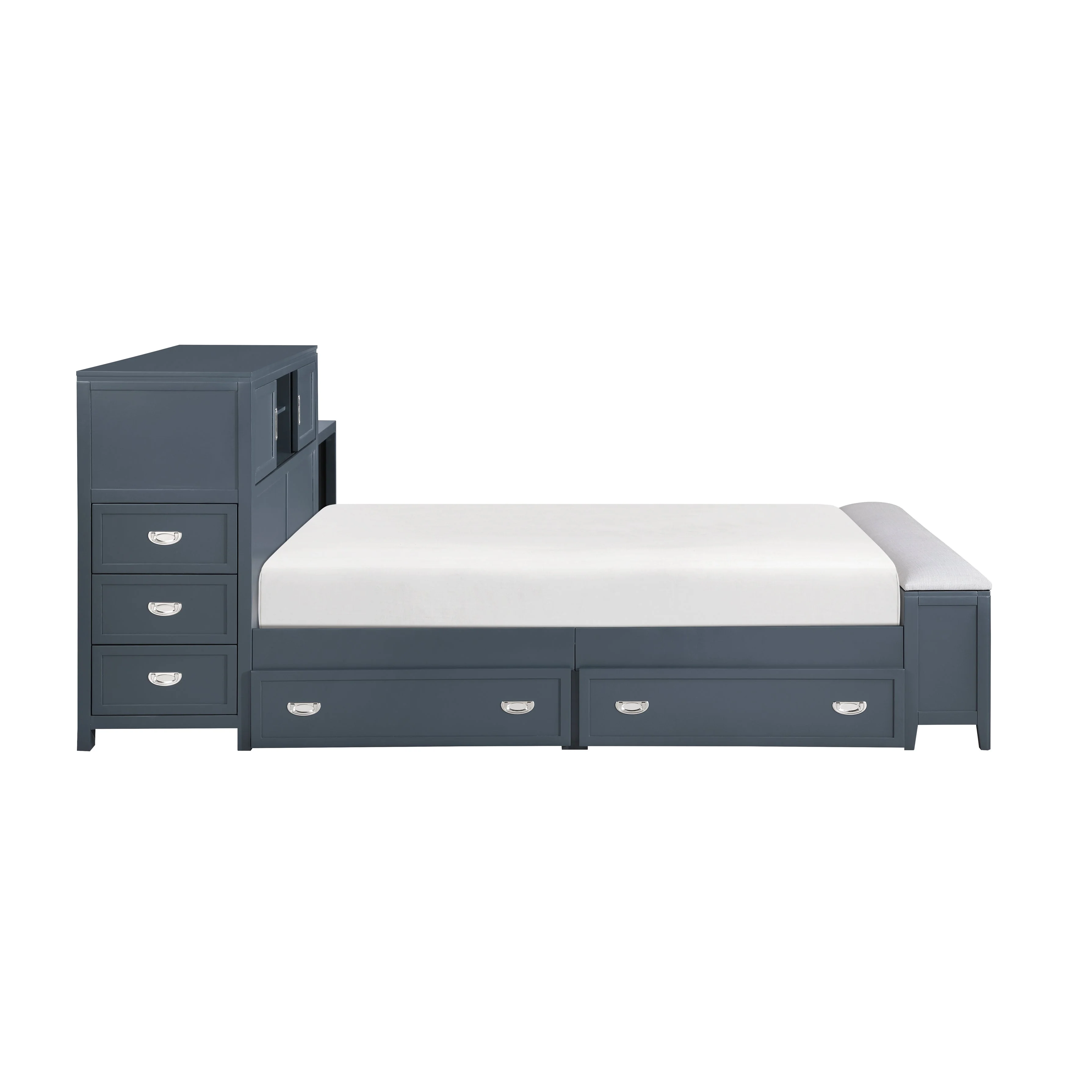 Sloane Navy Blue Full Bookcase Bed with Hidden Desk, Stool and Storage Bench - Image 13