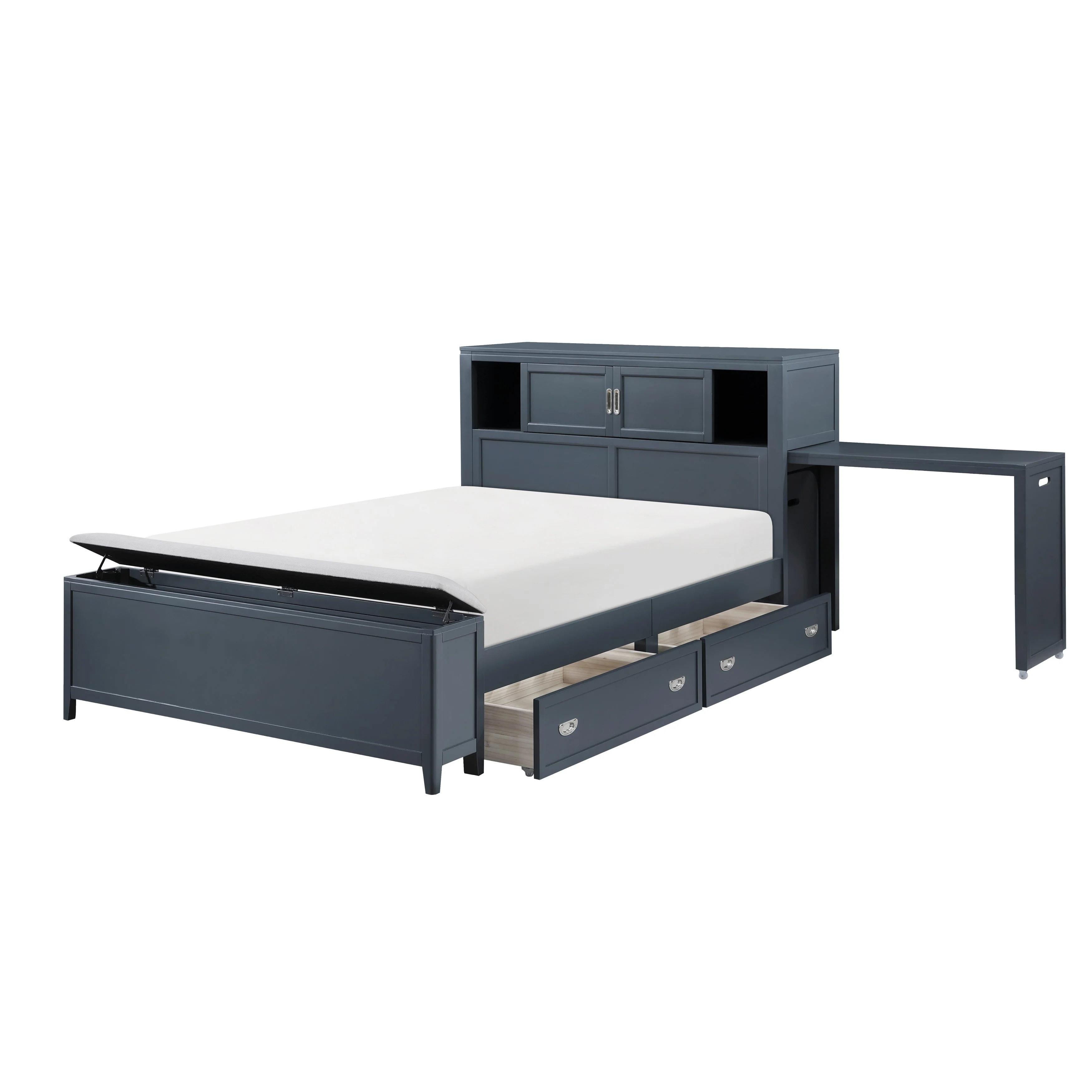 Sloane Navy Blue Full Bookcase Bed with Hidden Desk, Stool and Storage Bench - Image 15