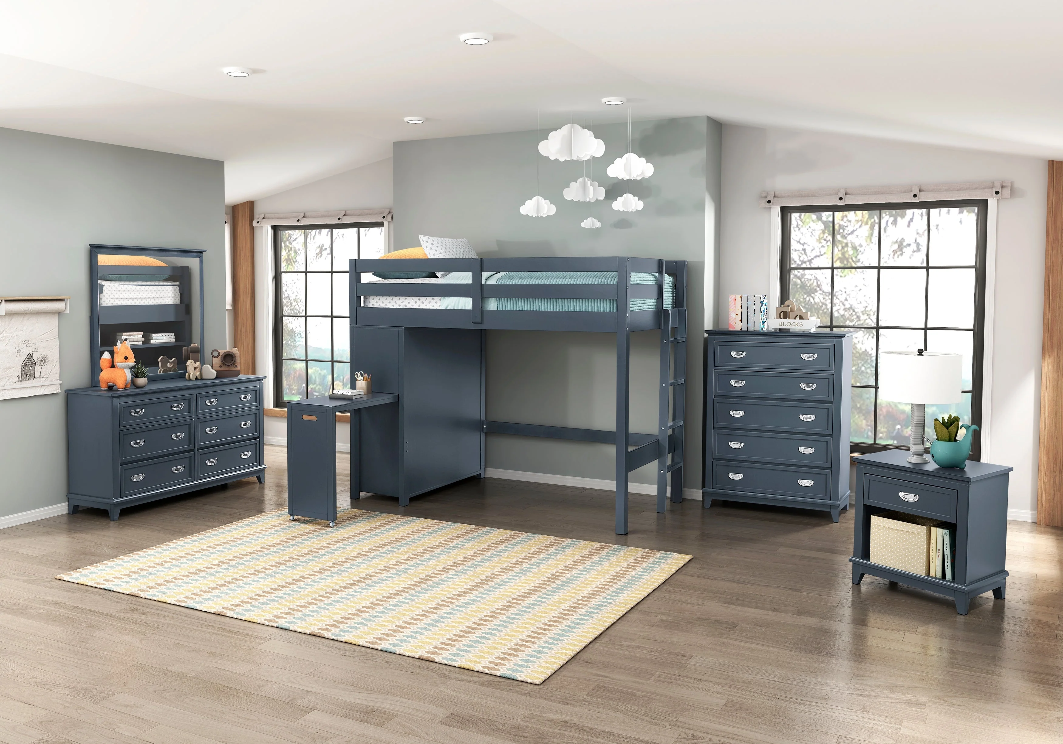 Sloane Navy Blue Twin/Full Loft Bunk Bed with Chest and Hidden Desk - Image 33