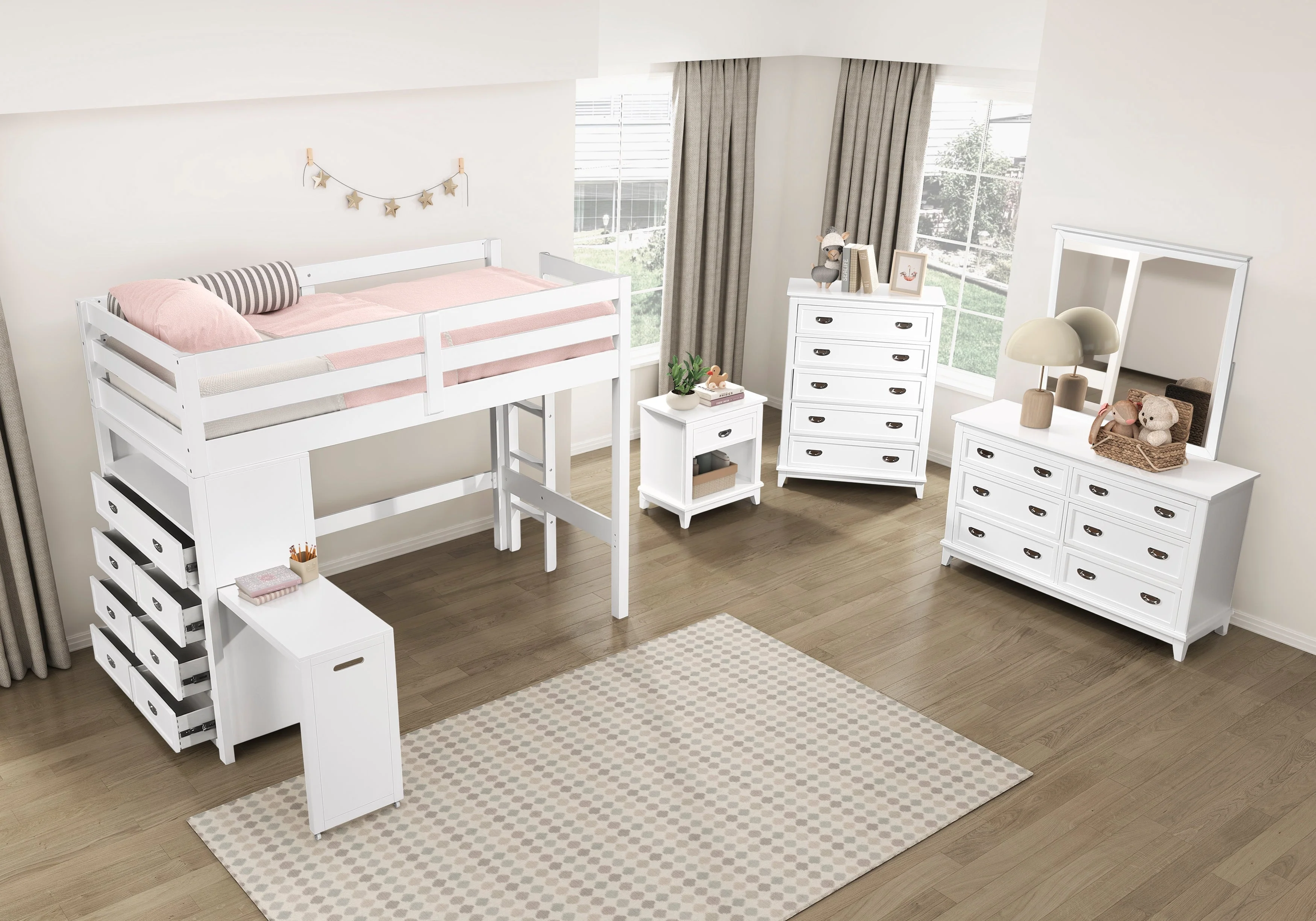 Sloane White Twin/Full Loft Bunk Bed with Chest and Hidden Desk - Image 34