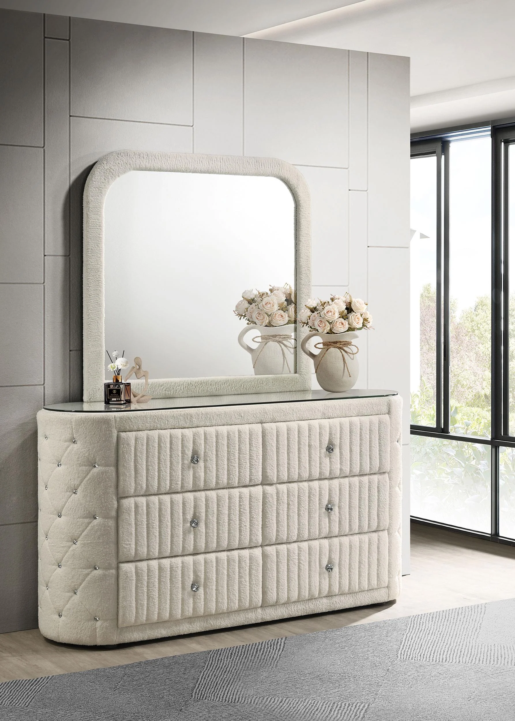 Sonya Ivory 6-Drawer Upholstered Bedroom Dresser with Mirror