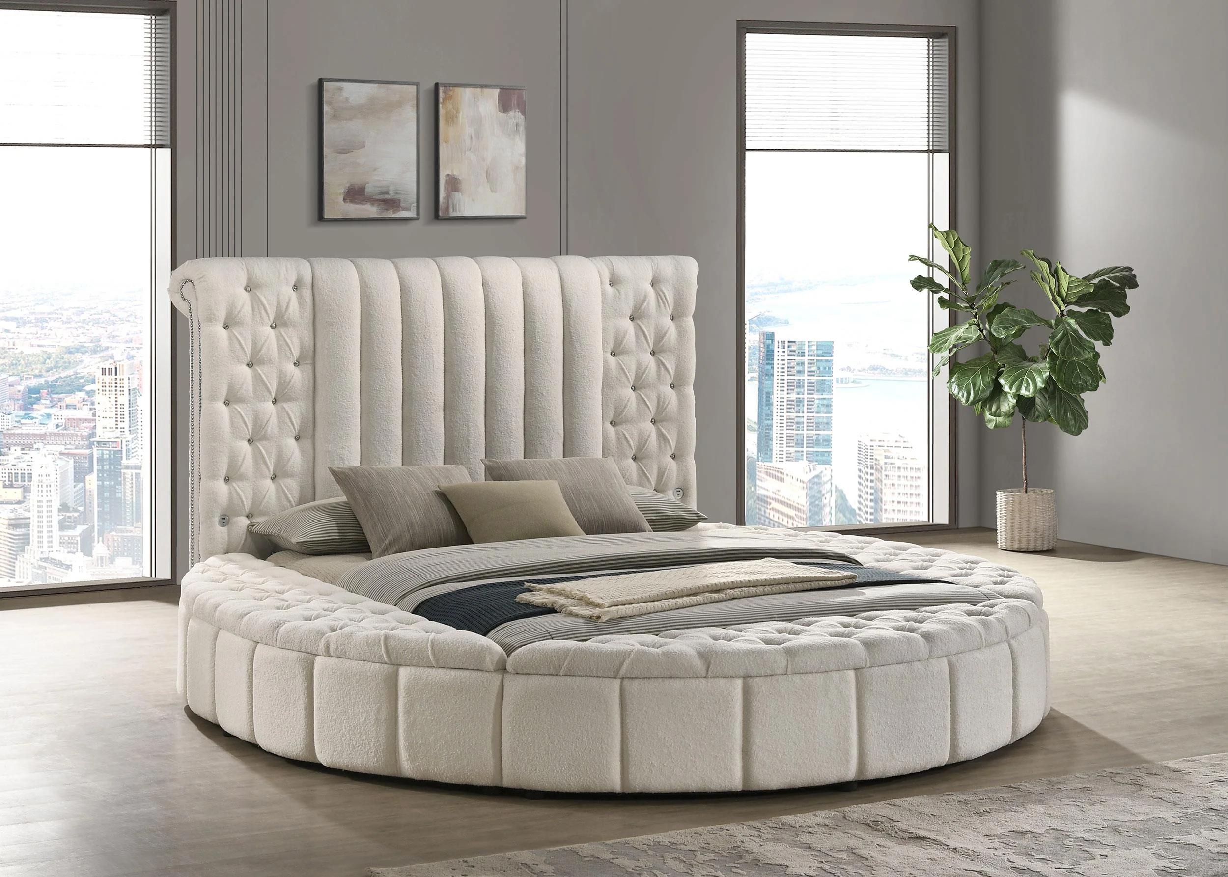 Sonya Ivory Upholstered Queen Round Storage Bed
