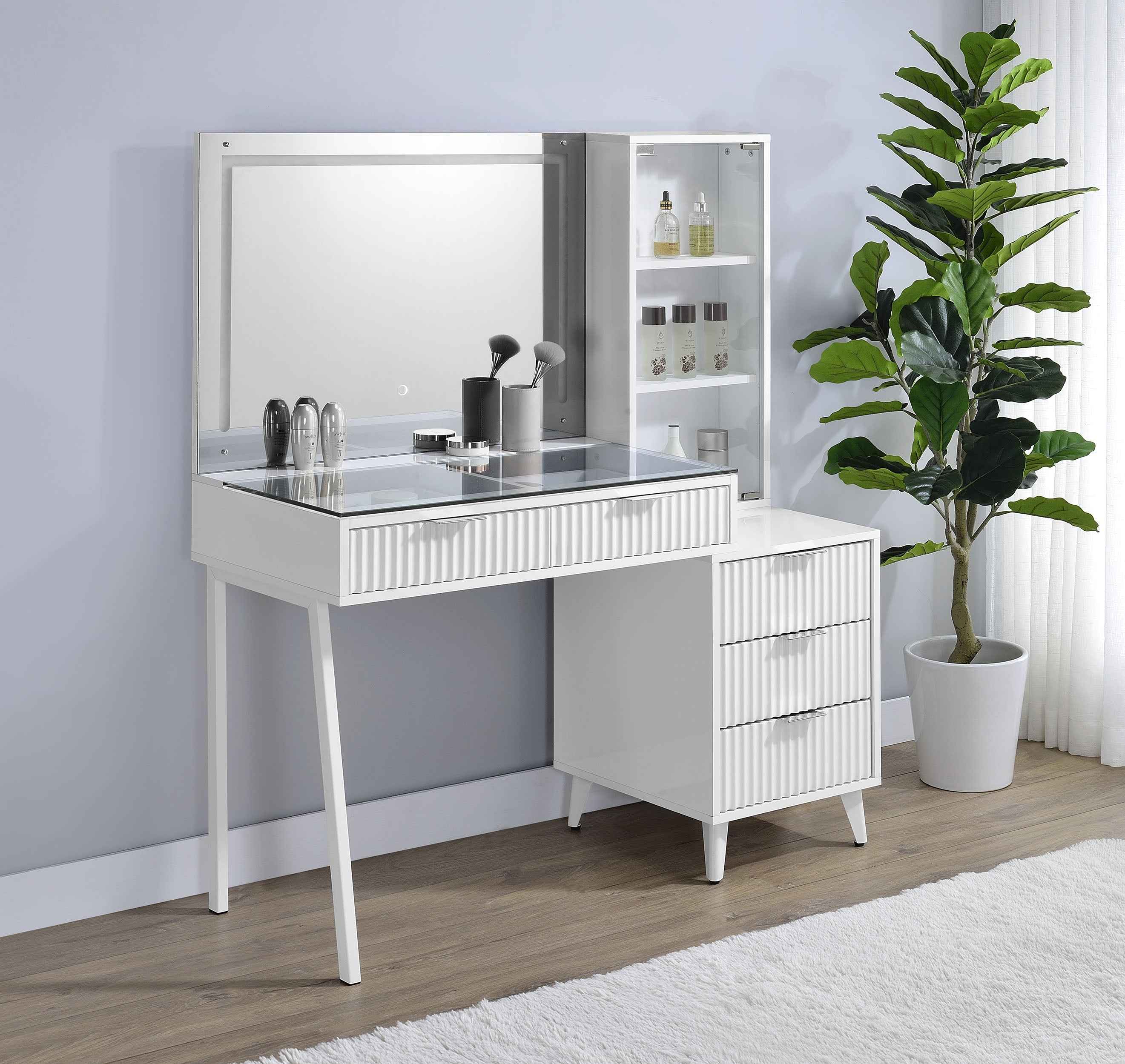 Souza White High Gloss 5-Drawer Makeup Vanity Table With LED Mirror