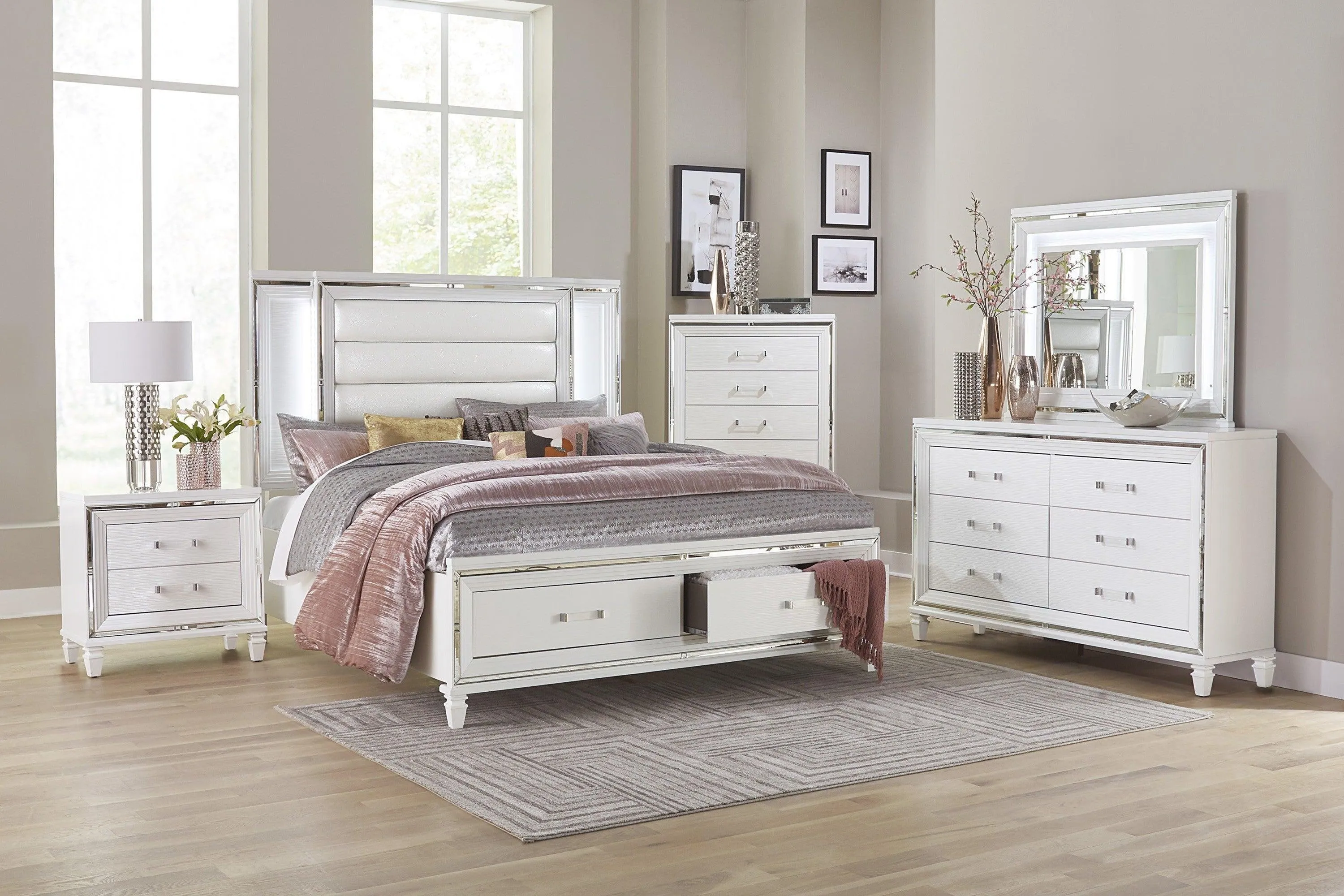 Tamsin White Queen LED Upholstered Storage Platform Bed - Image 2