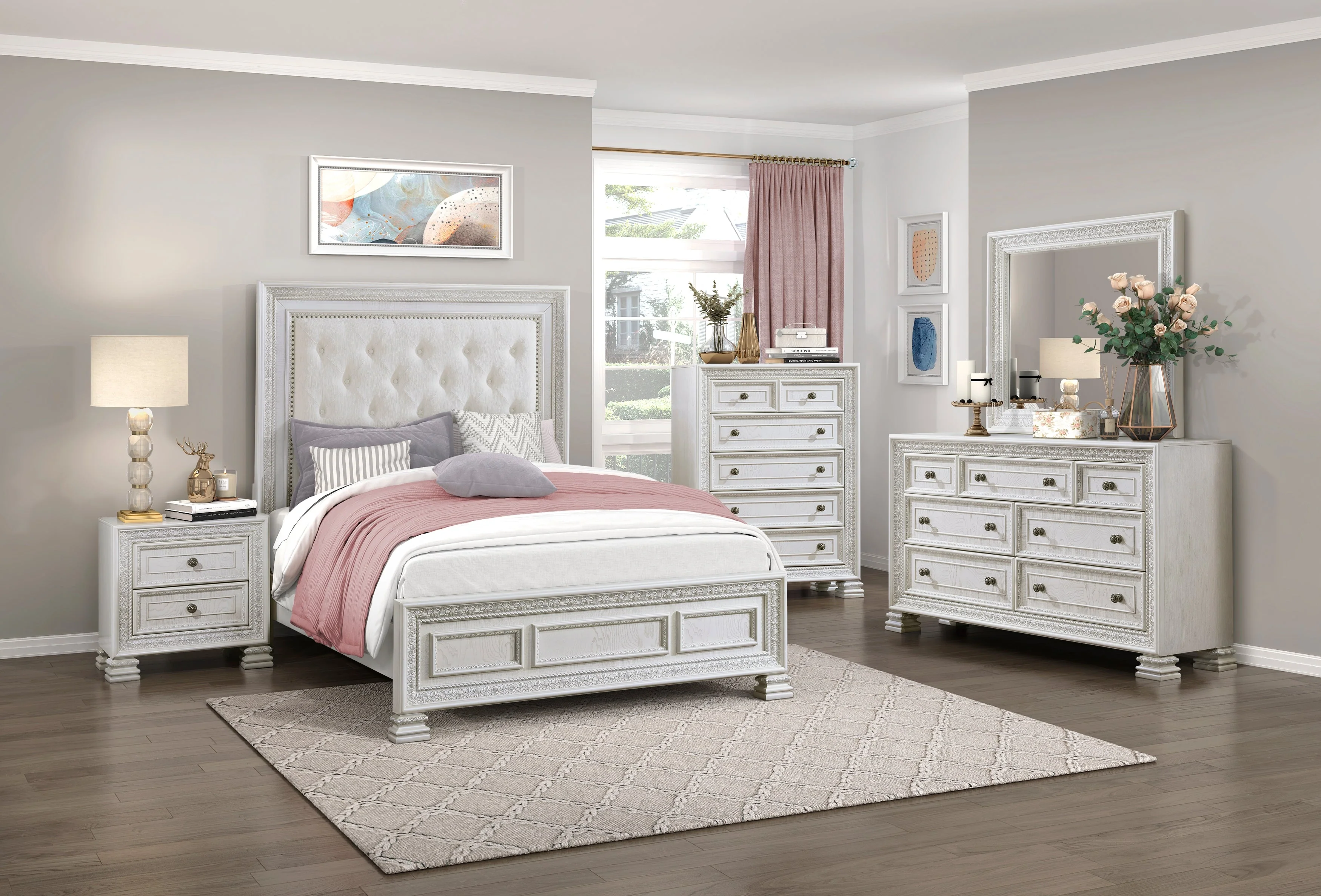 Theodora Pearl White Panel Bedroom Set